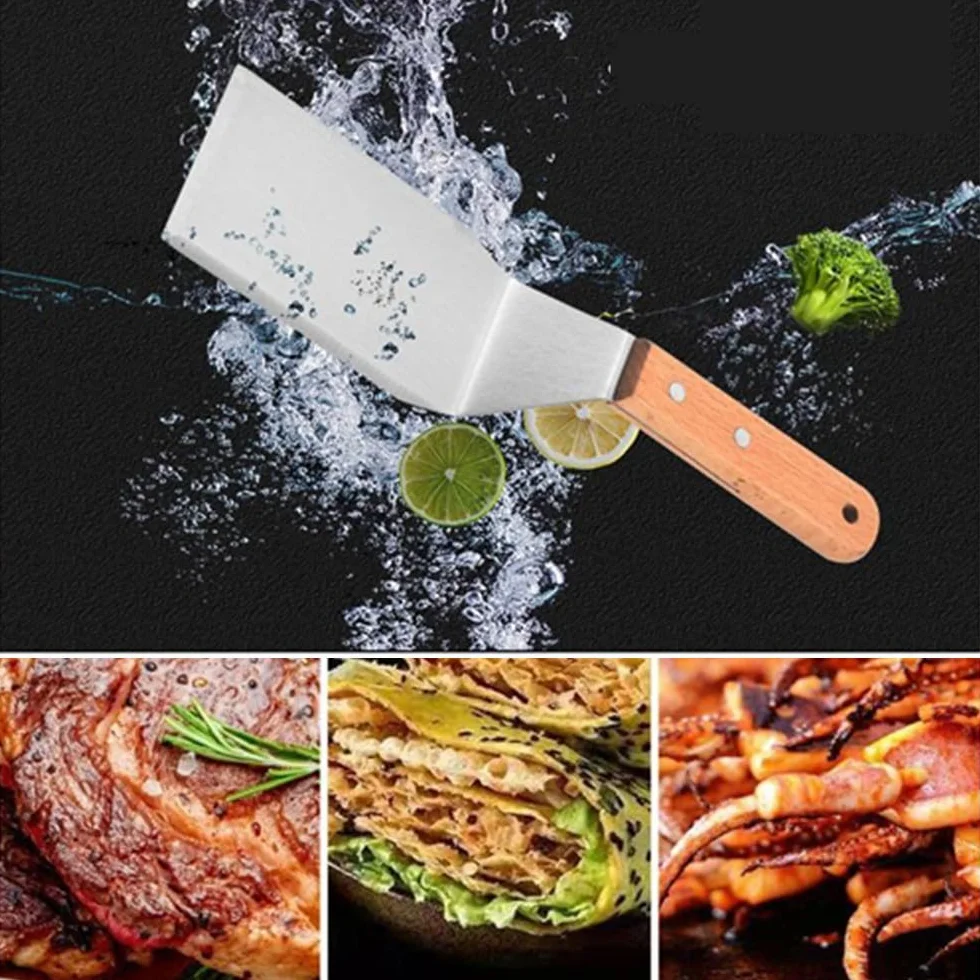 Spatola da Grill Professionale 2Pcs Acciaio Inox Manici Legno Pressa Hamburger Teppanyaki Barbecue Bistecca Pizza