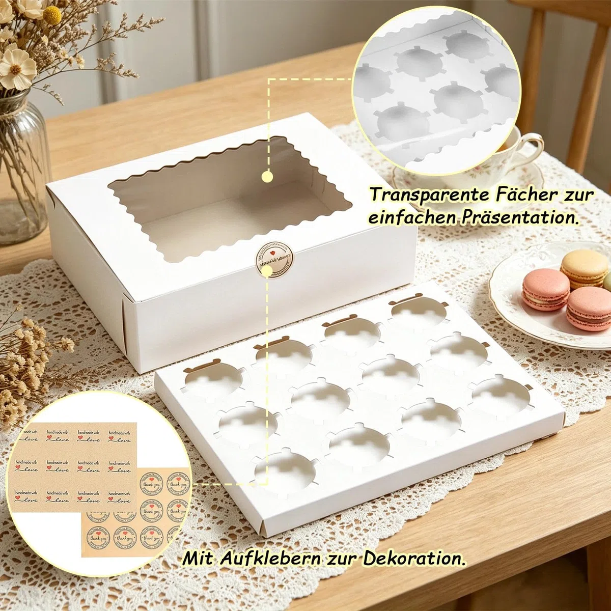 Scatola per il Trasporto di Cupcake, 10 pezzi Scatola per Cupcake 12 Fori, Scatole per Cupcake con Finestra e Inserti, Riutilizzabile Scatole Bianche con Finestra Trasparente Ondulata