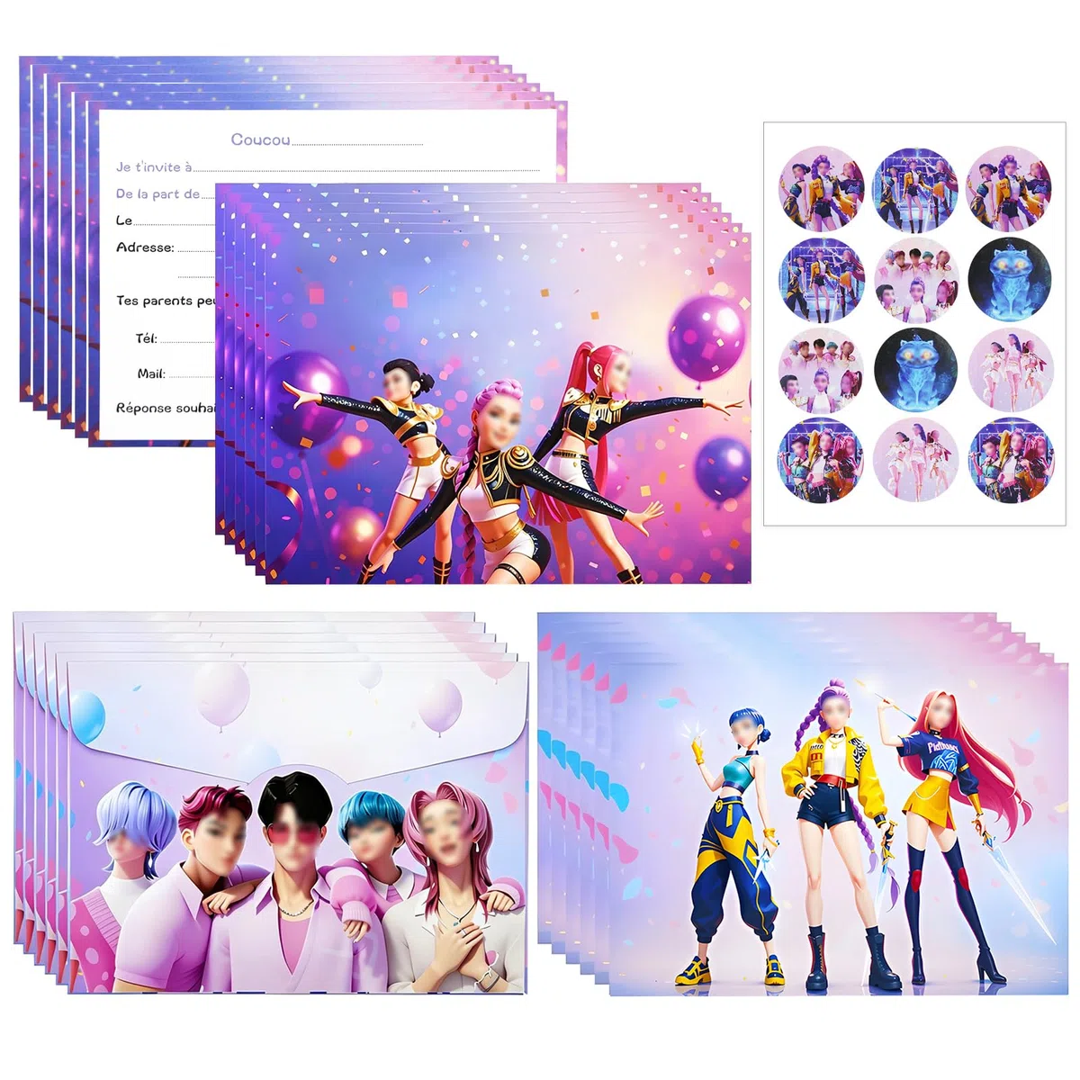 Kit di 12 biglietti d'invito per compleanno K-pop con 12 buste e 12 adesivi, biglietto di invito compleanno per bambini, ragazze, ragazzi, adulti, tema neon Kpop