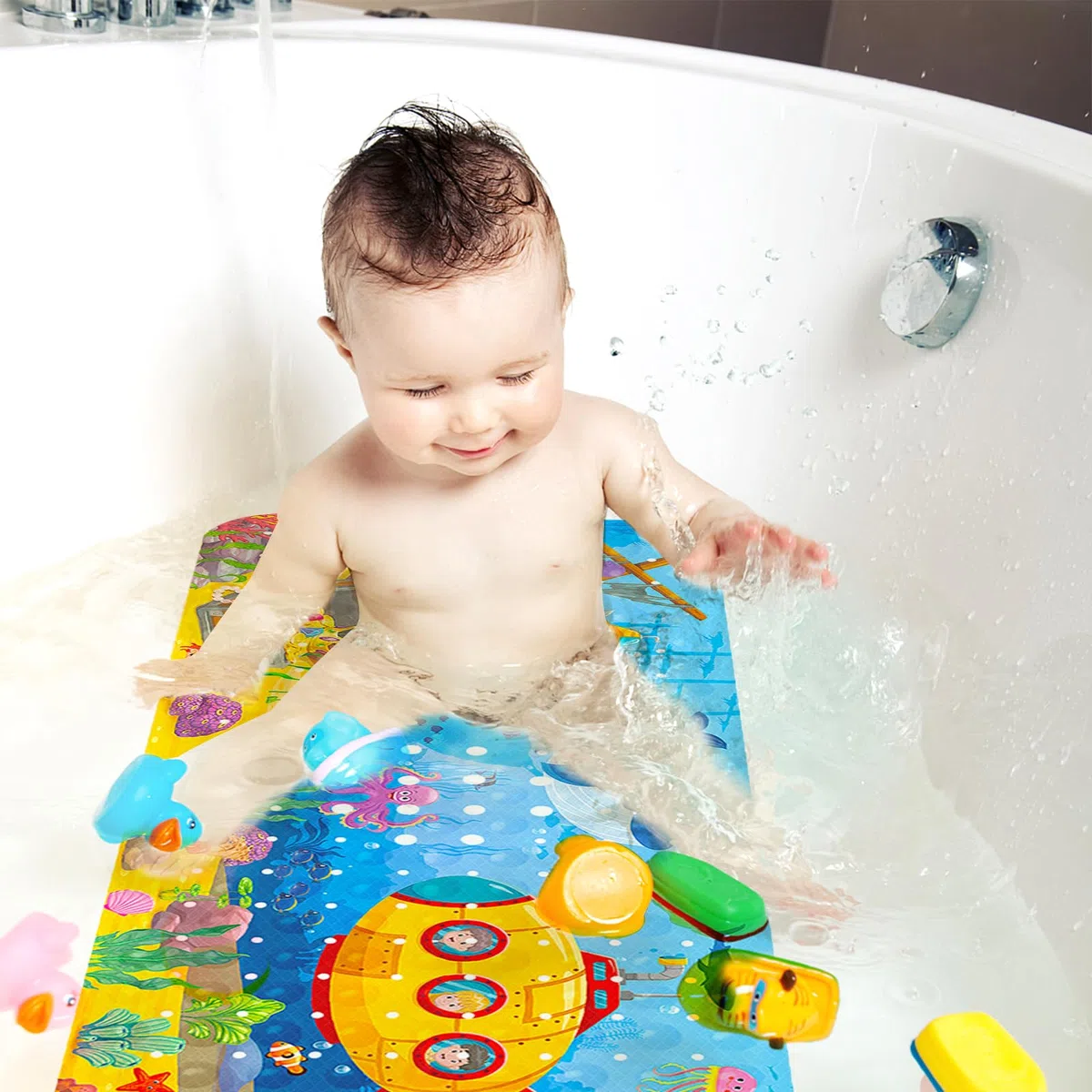 Tappetino Vasca Antiscivolo Bambini da Bagno,100x40cm Tappetino per Doccia Antiscivolo con 200 Ventose e Modello Animale Marino,Senza BPA Antibatterico Lavabile in Lavatrice Tappetino da Bagno