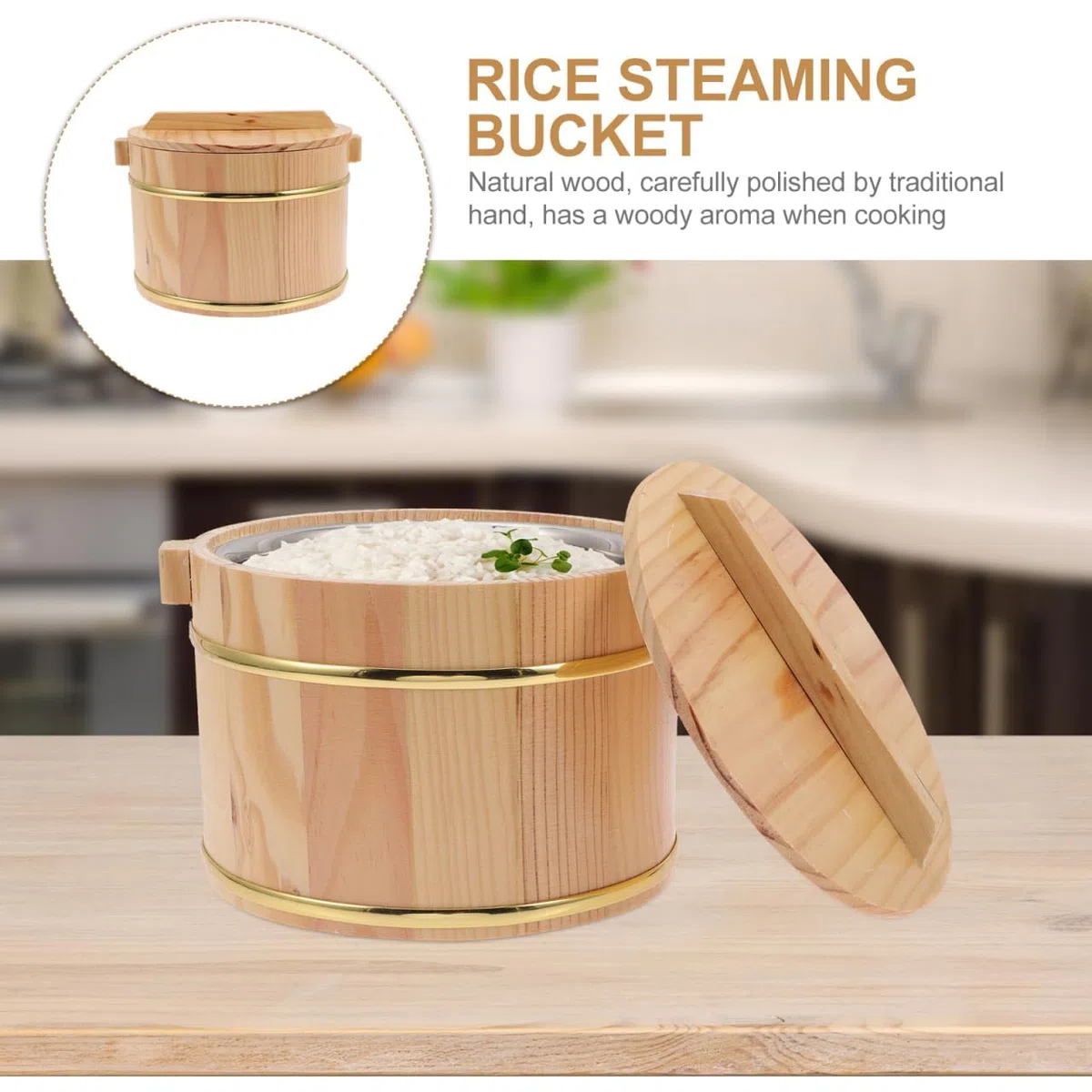 Barile di riso al vapore in legno, ciotola portatile per sushi, riso, con coperchio, contenitore rotondo per riso, budino, tofu, riso, 16 x 16 x 11 cm