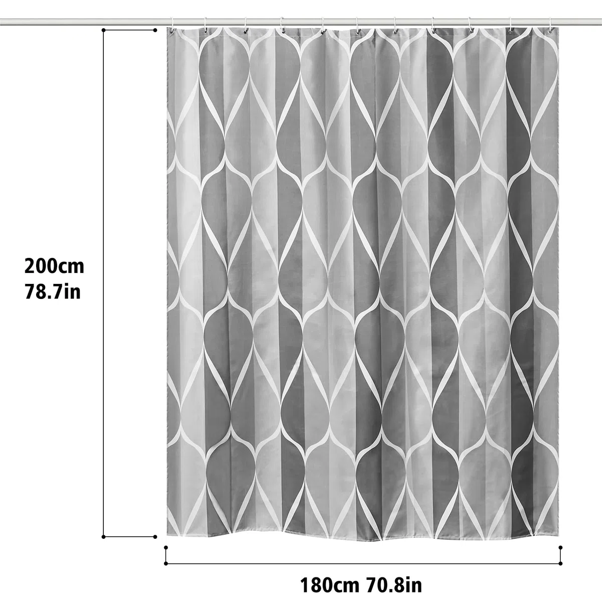 Tenda Doccia 180x200 cm, Tenda per Doccia Polyester Lavabile, Tende Doccia Asciugatura Rapida con 12 Ganci, Tenda Vasca da Bagno per Casa Hotel, Orlo Ponderato, Grigio Onde