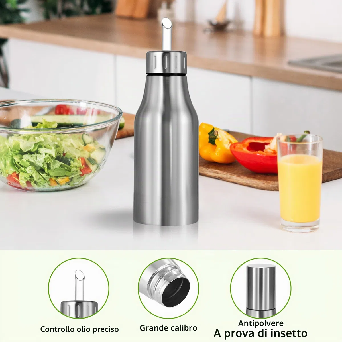 Dispenser di olio bottiglia in acciaio inox con beccuccio senza gocciolamento per cucina e barbecue, 500 ml