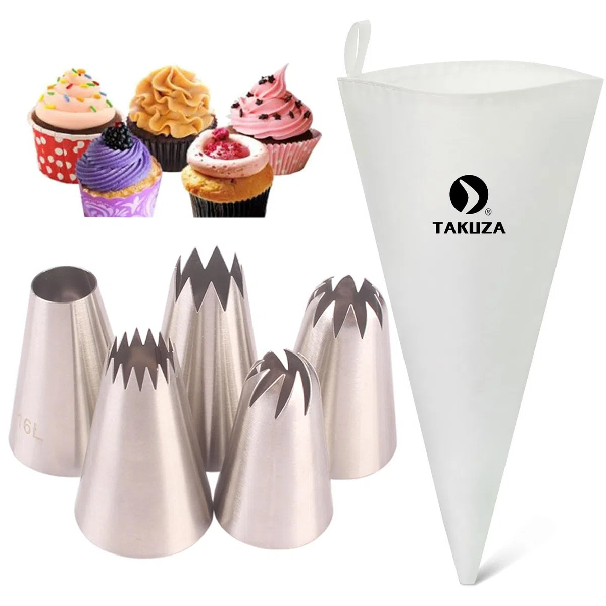 Set Professionale di Sac à Poche Con 6 Beccucci - 5 Beccucci in Acciaio Inox, Riutilizzabili, Grandi per Torte e Biscotti
