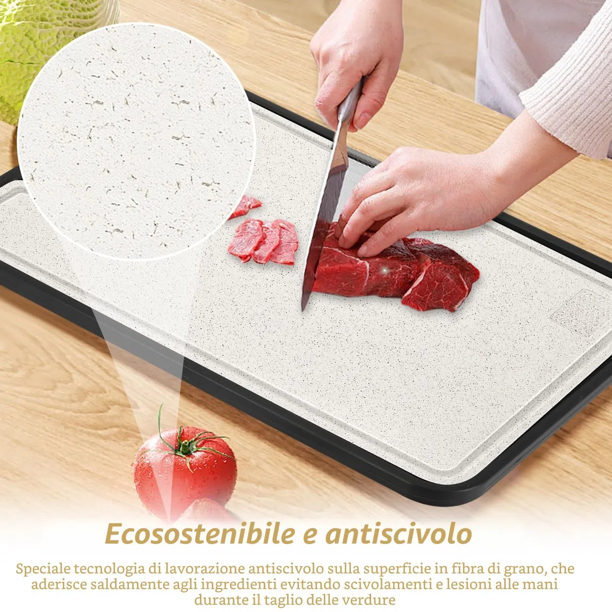 Zikenis Tagliere in Acciaio Inox Alimentare,Tagliere in Titanio per Cucina,con Design a Rete Antigraffio,Reishülsenfaser,antibakterielles Schneidebrett mit Scanalatura,rutschfester Griff,senza BPA