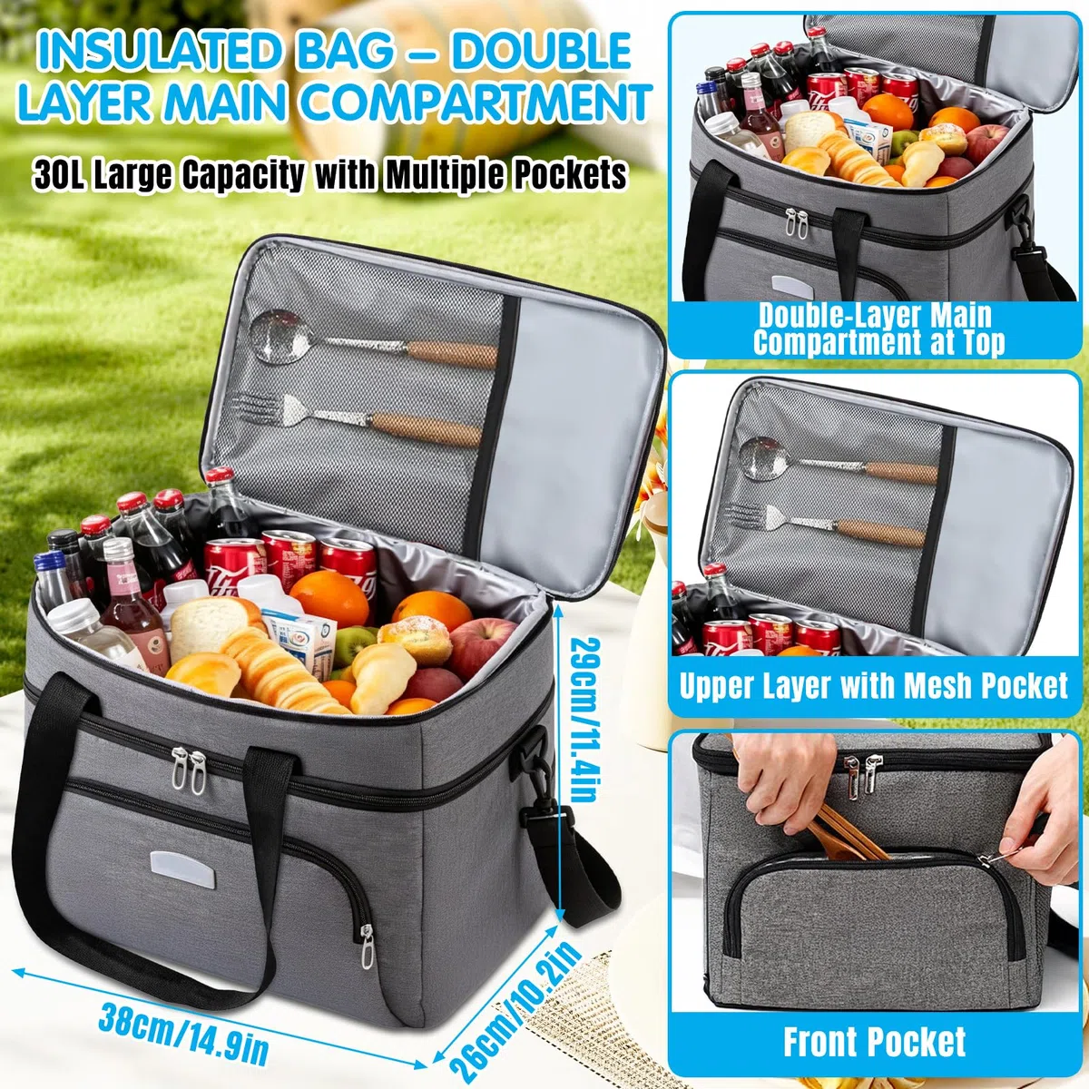 Borsa Frigo 30L, Borsa Termica Grande, Surgelati Borse Frigo Morbida, Portatile Con Tracolla Adatto, Impermeabile, Uomini E Donne, Per Viaggio, Spiaggia, Campeggio Picnic All'aperto Barbecue