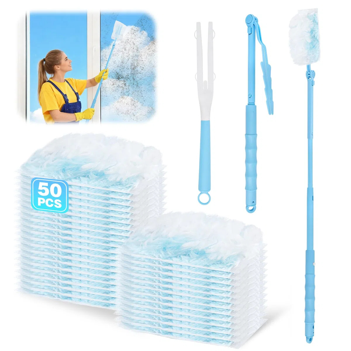 52 Pezzi Duster Ricariche Compatibile con Swiffer, Kit per Piumini Cattura Polvere con 1 Manico, 1 Manici Telescopici, Piumini Catturapolvere per Capelli, Polvere, Sporco