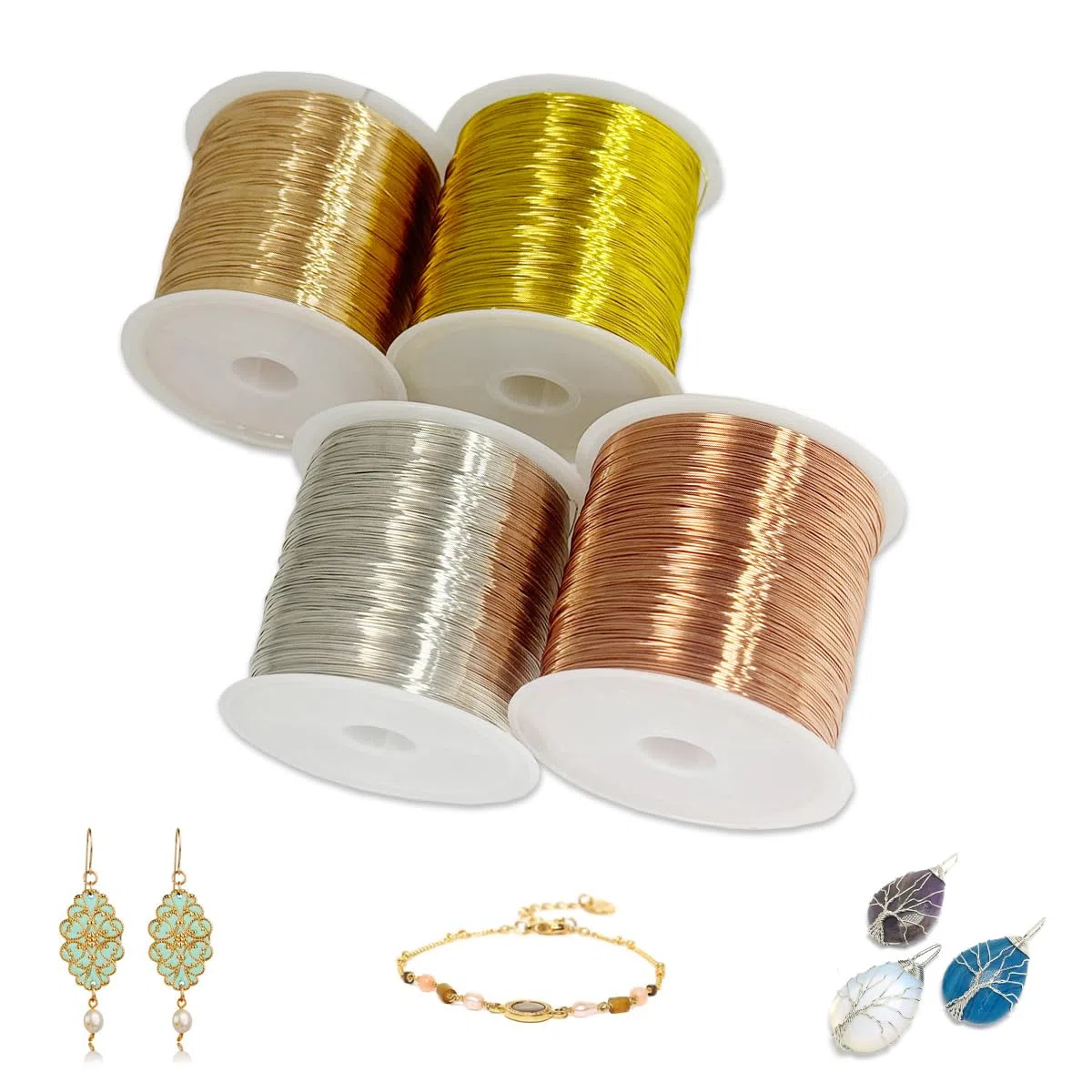 4 Rotoli Filo Metallico per Bigiotteria 0.3mm X 100M, Filo di Rame per Gioielli,Oro/Argento/Oro rosa/Rame,Fili Metallici per Uncinetto Metallico,Bracciali,Anelli,Orecchini,Artigianato Fai Da Te