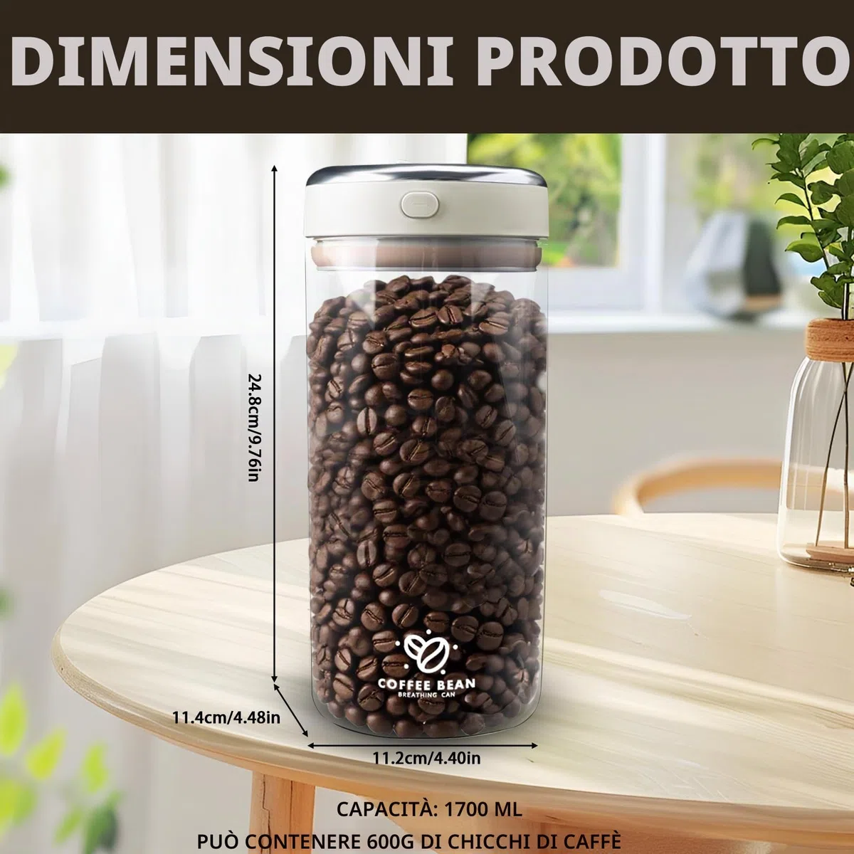 Barattolo Caffè Ermetico 1700ml Contenitore per Chicchi in Vetro Valvola di Degasazione Data di Conservazione e Tenuta Stagna Contenitore Caffe per Caffè Tè Frutta Secca Latte in Polvere