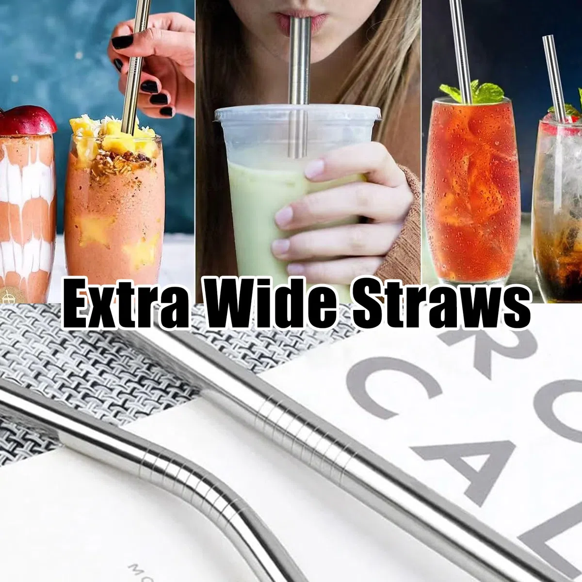 8 Pezzi Cannucce Dritte e Piegate, 10mm Cannucce in Acciaio Inox Riutilizzabili Extra Spesse, Cannucces di Metallo per Bubble Tea Cocktail, con 2 Pulitore di Paglia