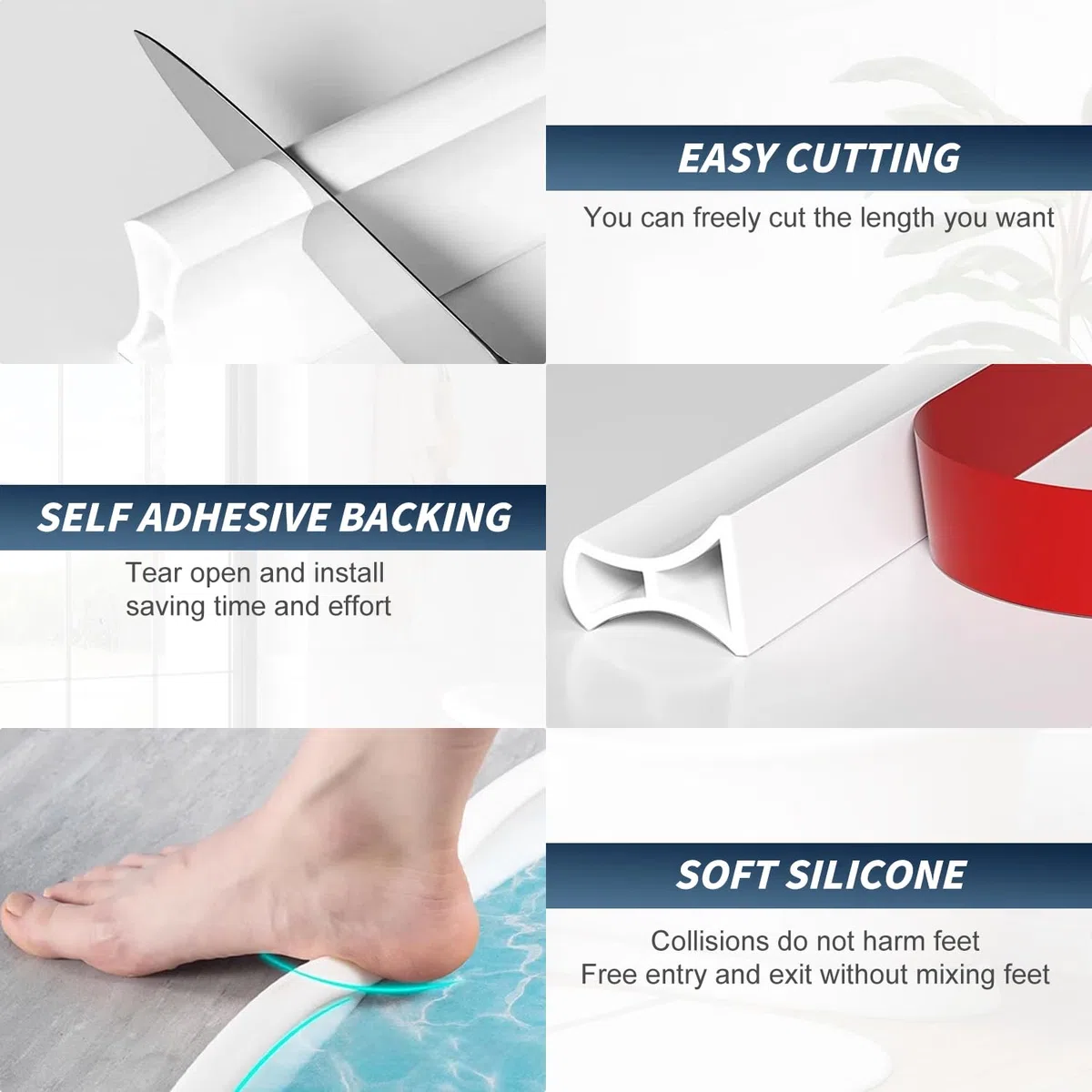 Barriera Doccia Ferma Acqua Autoadesivo 2M TPE Fermacapillare per Doccia Pavimento, Altezza 3 cm Barriera Acqua Doccia Antispruzzo per Cucina Bagno,Tagliabile Bianco