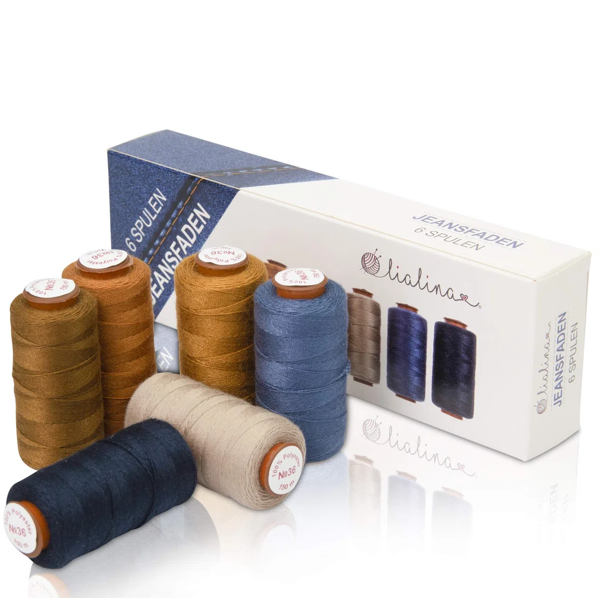 Lialina Jeansgarn - Filo per Macchina Da Cucire - 6 Rotoli Da 150 M - Cuciture Jeans Originali - Set DI Filo per Cucire Jeans Extraforte No.36-100% Poliestere - Colori Denim