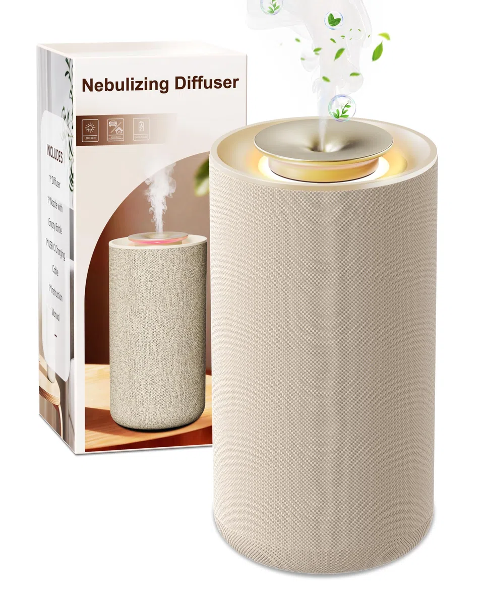 Diffusore di Oli Essenziali Senza Acqua – Nebulizzatore Aromaterapia Puro a Freddo Ricaricabile per Casa. Profumatore Ambiente Wireless con Design in Tessuto Premium e Batteria a Lunga Durata - Beige