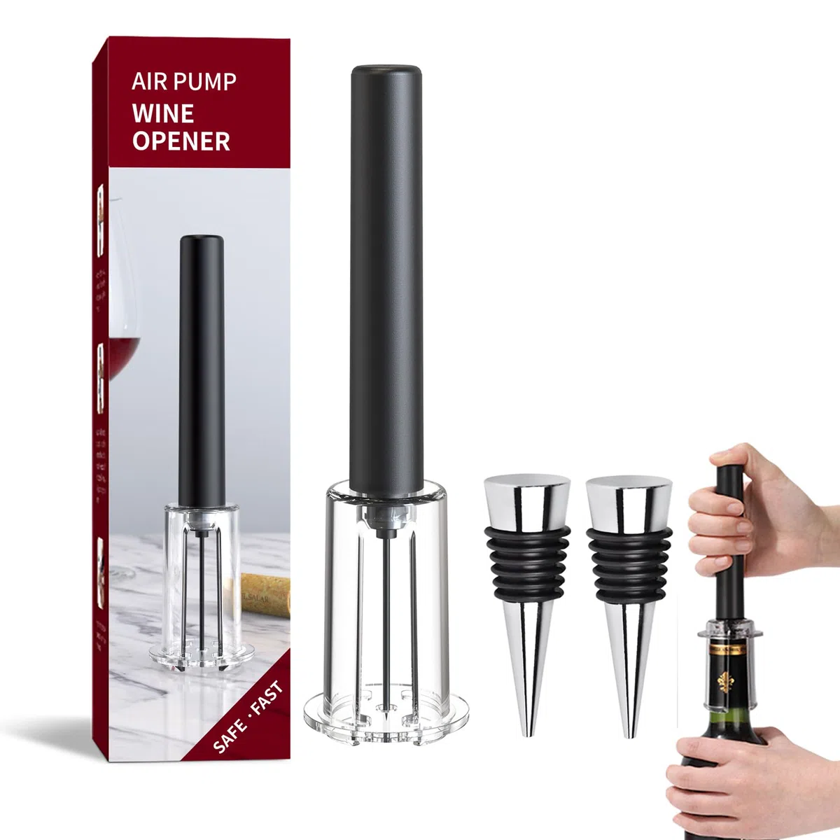 Cavatappi Vino Pressione Aria con 2 Tappi Bottiglie Riutilizzabili, Apribottiglie a Pompa Rapido e Facile da Usare, Professionale Accessori Vino per Casa, Raduni e Regalo