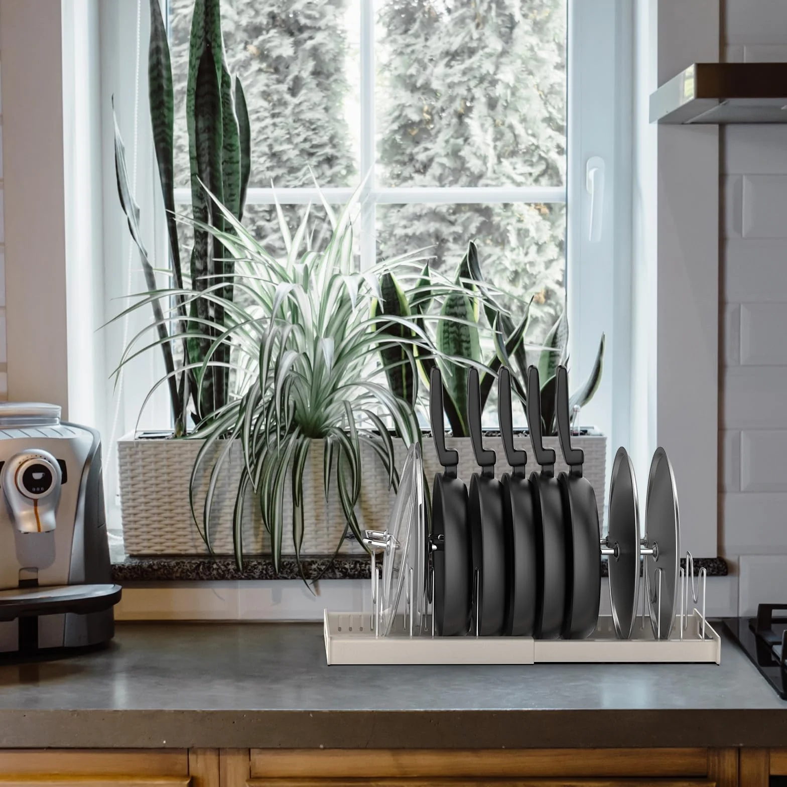 Porta Coperchi Pentole Salvaspazio, Organizer per Padelle con 7 Regolabili di Acciaio Inossidabile Porta Padelle Salvaspazio per Utensili da Cucina - Grigio