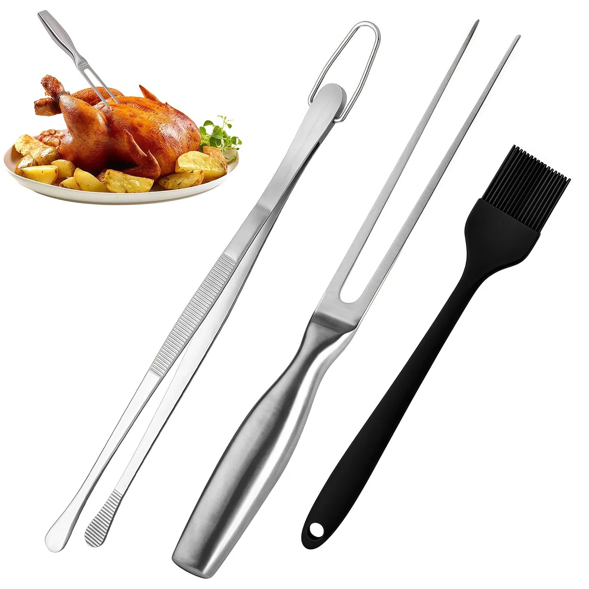 Set Forchetta da Arrosto in Acciaio Inox con Pinza da Grill & Pennello in Silicone, Utensile da Cucina 3-in-1 Versatile per Grigliate, Arrosti & Servizio