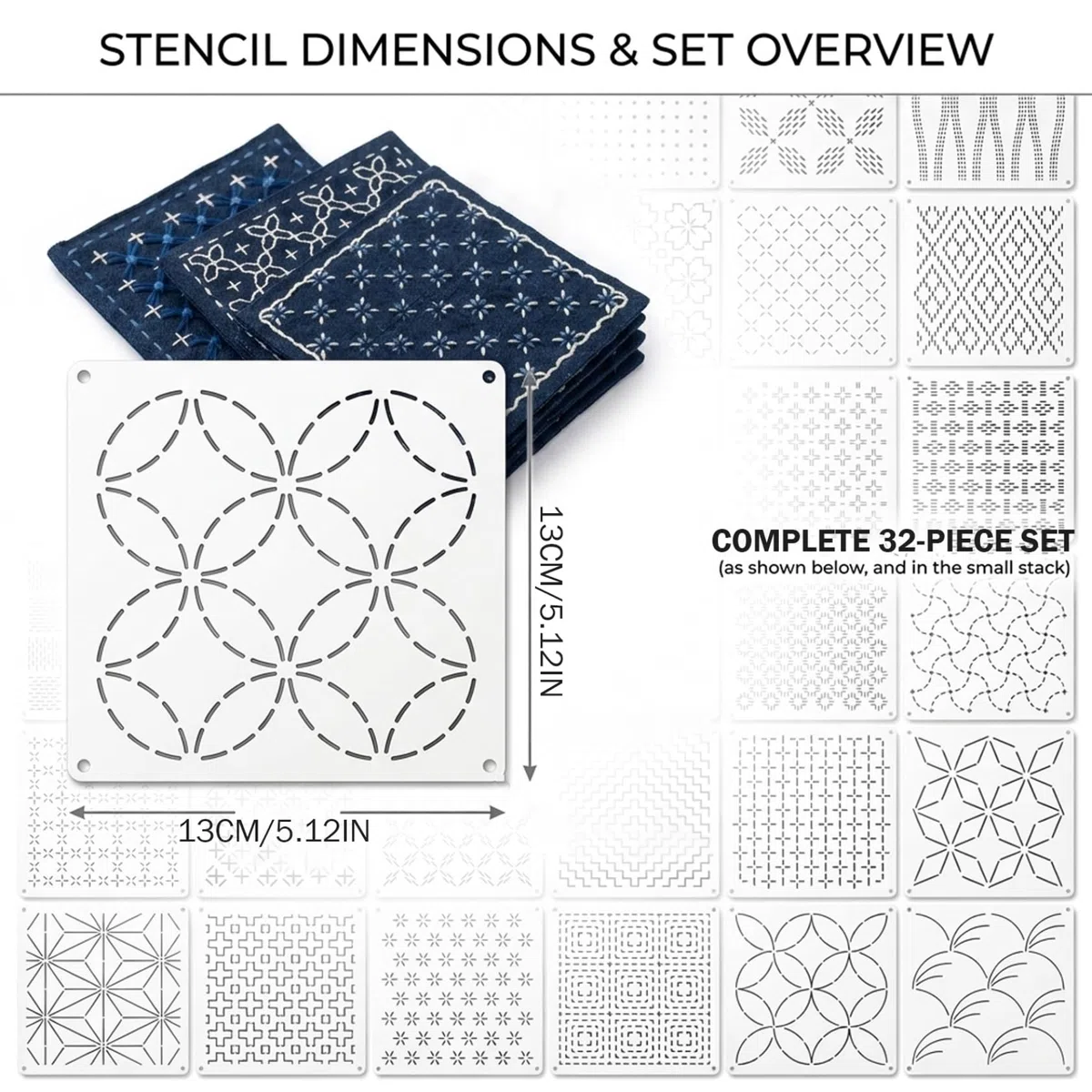 Set completo di stencil Sashiko per macchina Sashiko, modelli di ricamo geometrico riutilizzabili da 32 pezzi per quilting a macchina e a mano, modelli in plastica da 5, 12x5, 12 pollici - Stencil