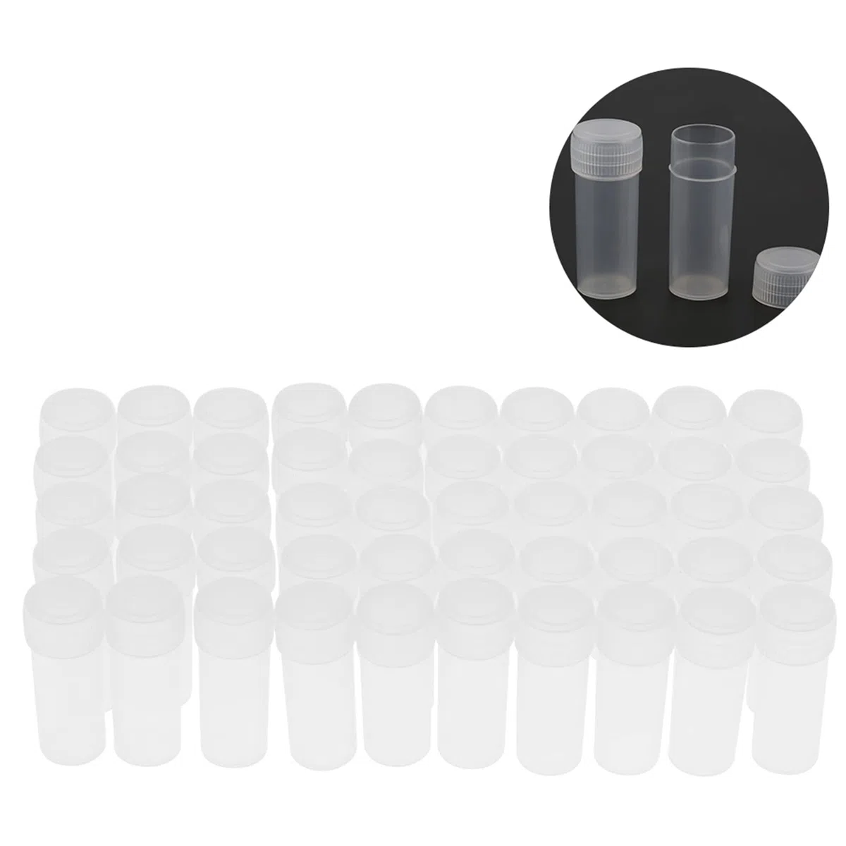 Bottiglie Campionamento Plastica Trasparente, 5 ml, 50 Pezzi, PE, Chiusura Ermetica, per Polvere, Solidi, Pillole, Semi
