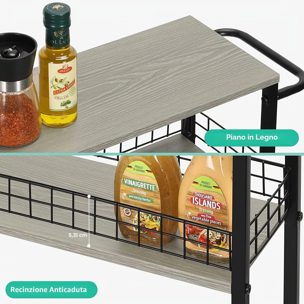 YBING Carrello portaoggetti sottile a 4 livelli sottile su ruote, carrello da cucina mobile stretto con tavolo in legno, grigio scorrevole con manico per soggiorno, dispensa, larghezza 17.9 cm