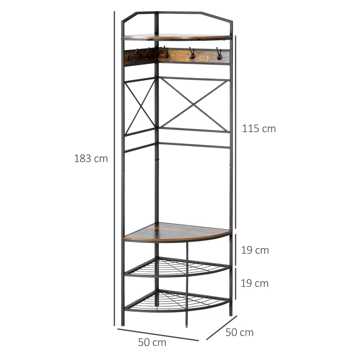 HOMCOM Attaccapanni da Terra con Ganci, Mobile Ingresso Appendiabiti da Terra Angolare con Panca e Scarpiera, Mensola in Stile Industriale, 50x50x183cm, Marrone