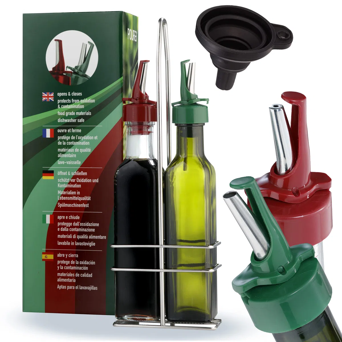 Poura Bottiglia olio d’oliva e aceto 500 ml – Con tappo salvagoccia ClickSeal in gomma naturale senza BPA – Set in vetro con imbuto in silicone – Accessorio da cucina