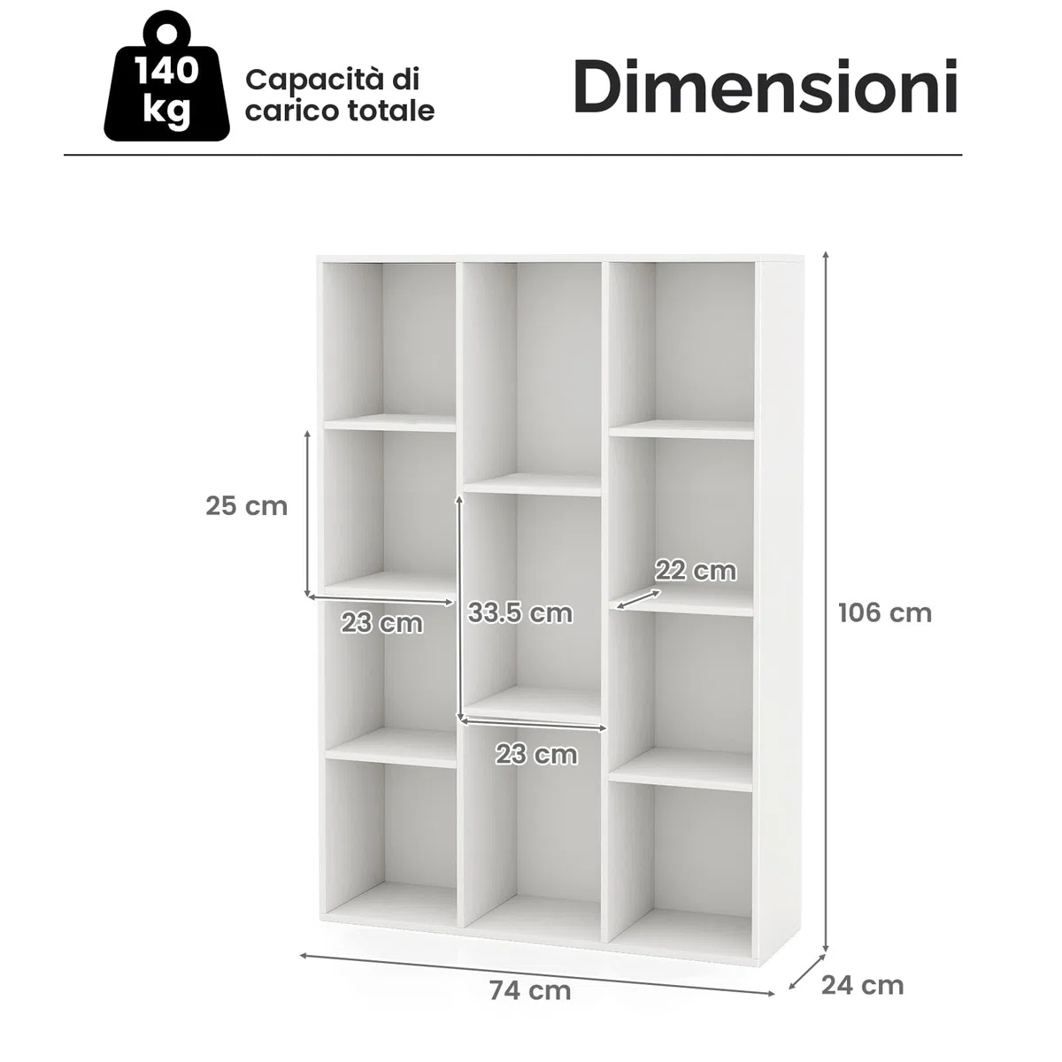 KOMFOTTEU Libreria Aperta con 11 Scomparti, Libreria a Cubi, Arredamento Casa, Scaffale da Ufficio, 74 x 24 x 106 cm (Bianco)