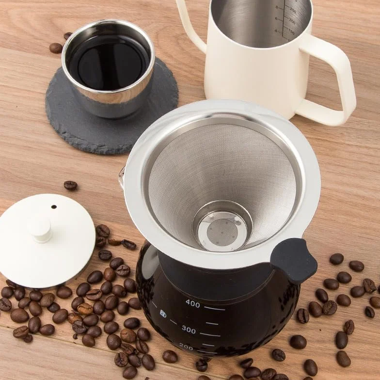 PIQIUQIU Versare sopra macchina da caffè 400ml, macchina da caffè in vetro Macchina da caffè a goccia manuale con filtro in acciaio inossidabile Polvere di Caffè Macinato