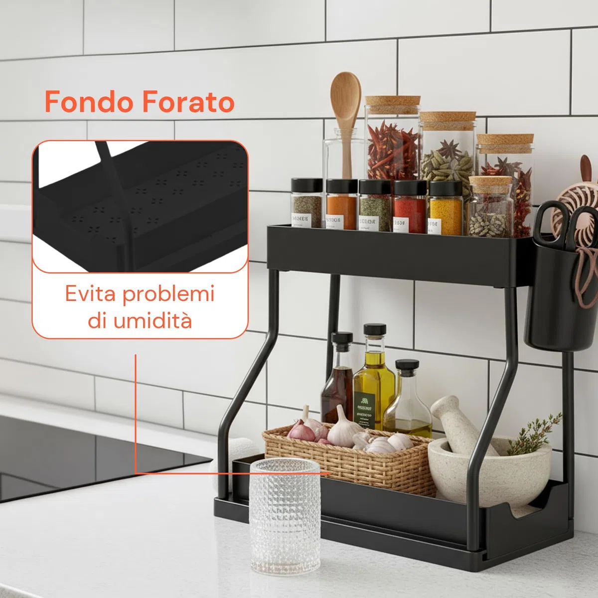 Avilia - Organizer Sottolavello Estraibile a 2 Livelli, Cassetto Scorrevole Salvaspazio con Secchiello Laterale e 4 Ganci, Multiuso Cucina, Bagno e Lavanderia, Scrivania.