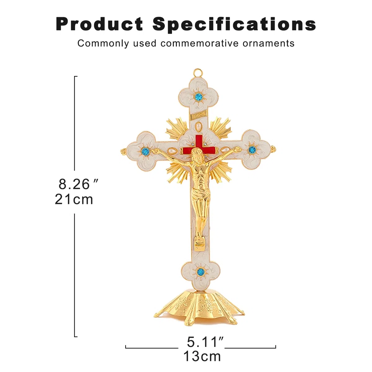 Syfunlv Croce in Metallo, Croce di Gesù Cristo, 13 x 8 x 21 cm, Oro, con Supporto da Tavolo, Classico, Religioso, Indoor, Outdoor, Regalo, Decorazione