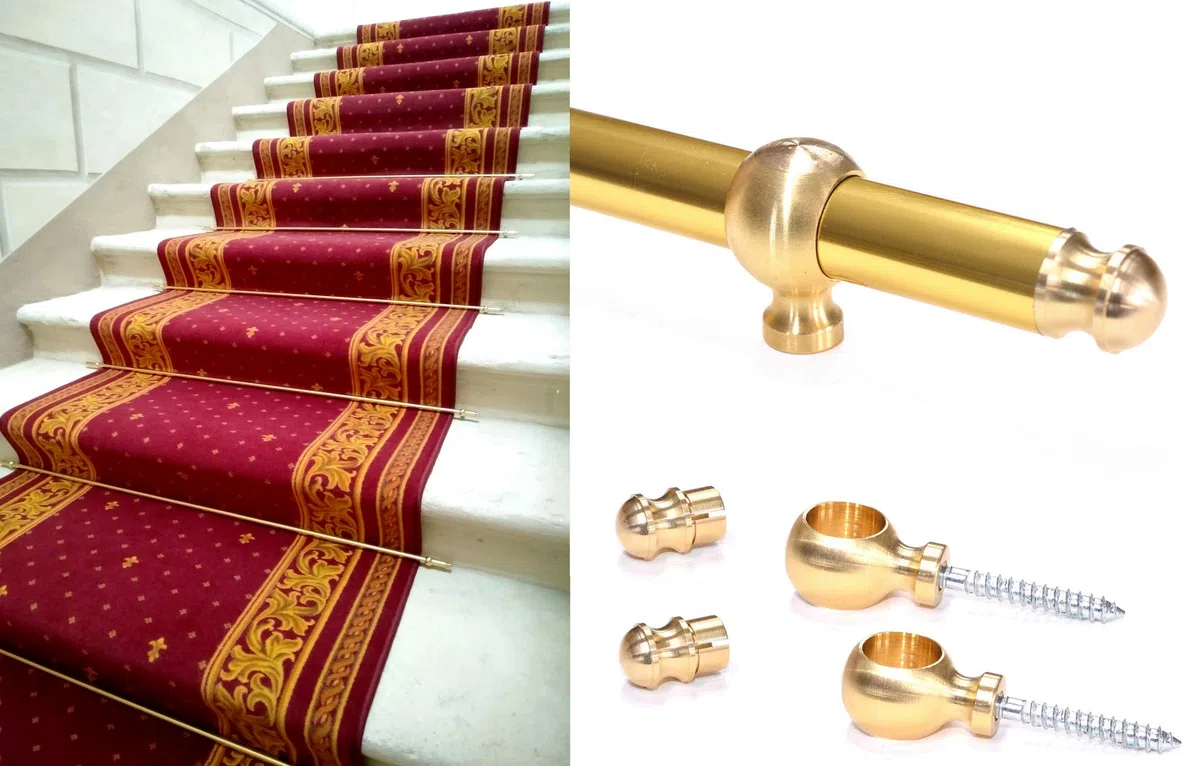 Tubo Bacchetta in Alluminio, per Fissaggio tappeti e passatoie su gradini di Scale, con occhioli (Gold (Kit 1 Stick + 2 Rings), 65cm)