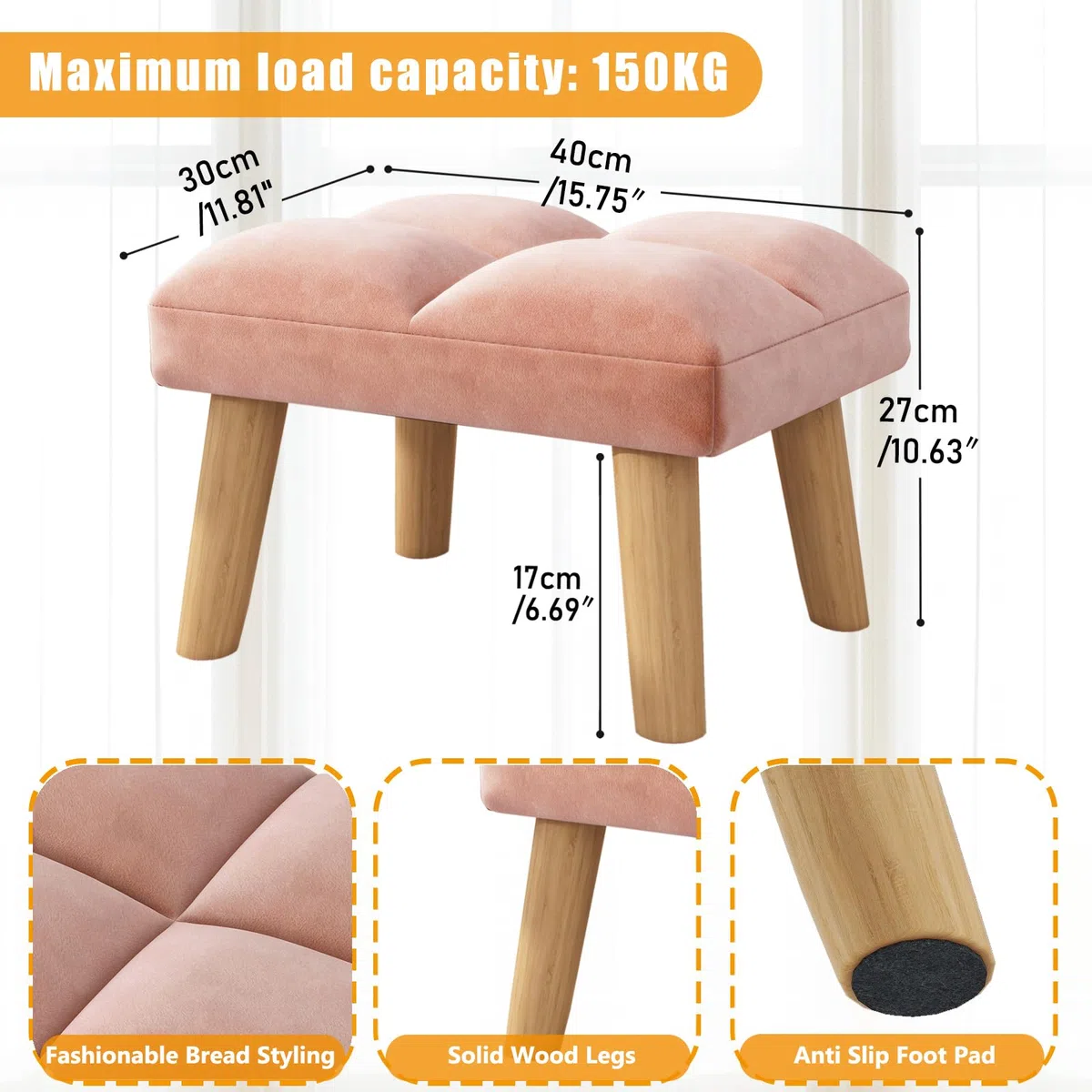 YMYNY Poggiapiedi sotto la scrivania, piccolo sgabello ottomano con gambe in legno, moderno poggiapiedi imbottito in velluto, poggiapiedi per soggiorno, ingresso 40 x 30 x 27 cm, rosa, HBD032P