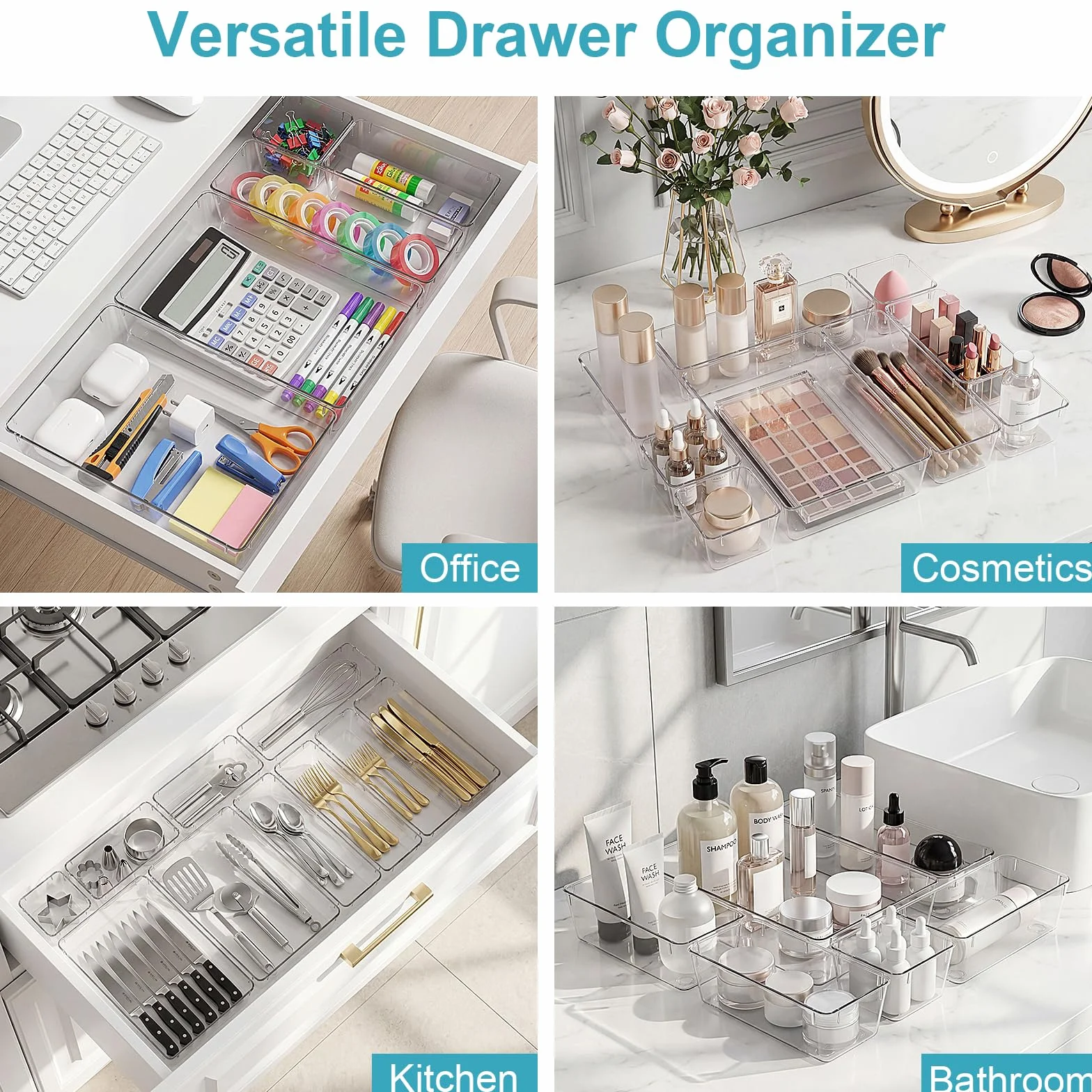 Radikor Organizer Cassetti 16 Pezzi, Contenitori per cassetti in Plastica Trasparente di 4 Dimensioni, Divisori per Cassetti Impilabili per Bagno, Cucina, Trucchi