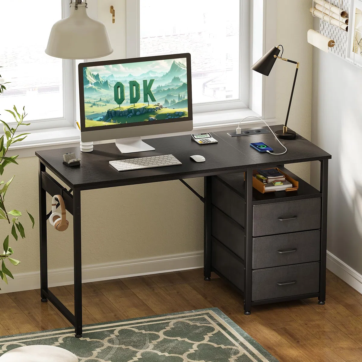 ODK Scrivania con 3 Cassetti, 120x48x75,5 cm Scrivania per Ufficio con 2 Prese di Corrente e Prese USB, Scrivanie PC Reversibili Scrittoio Scrivanie per Computer Domestico, bureau, Nero
