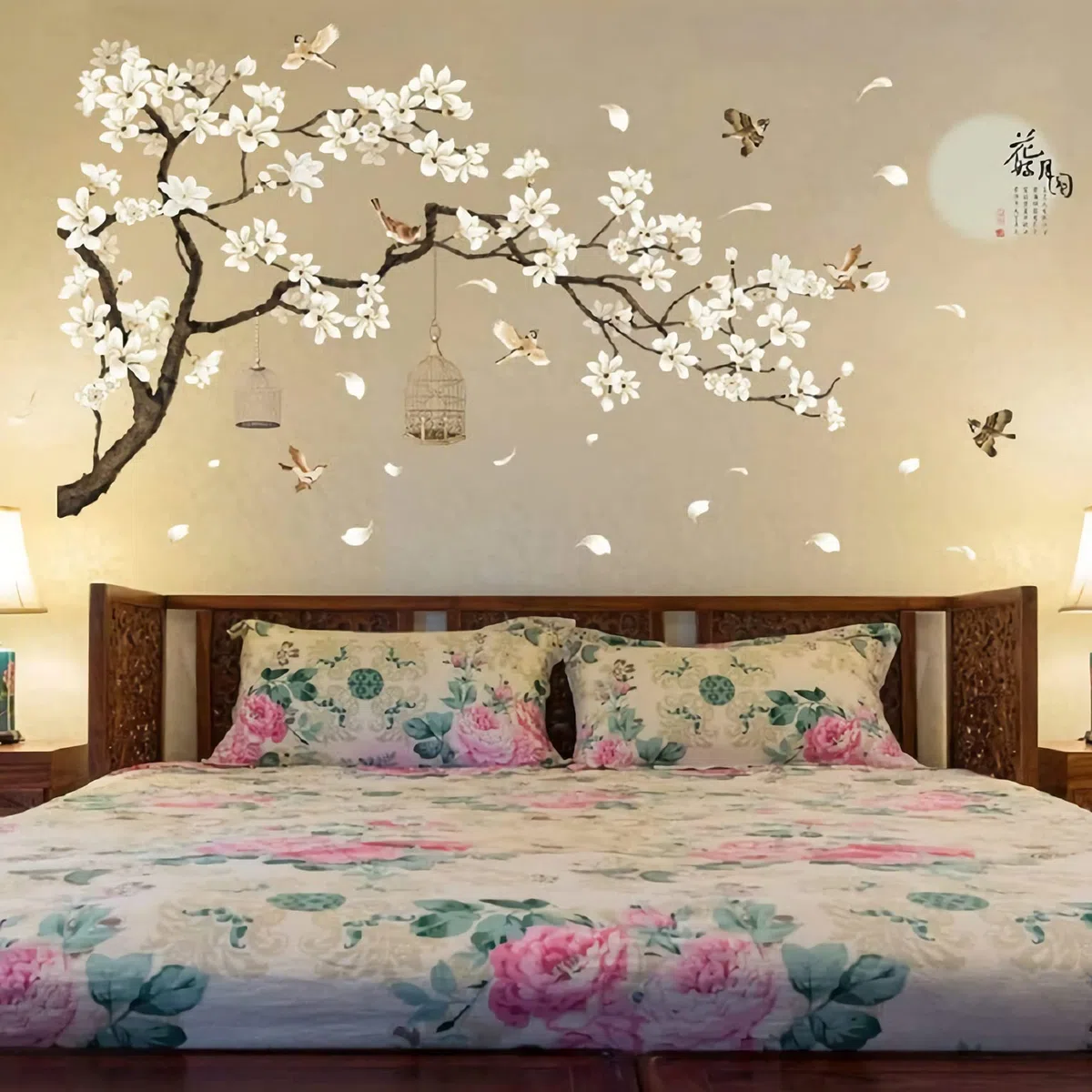 Adesivi murali grandi con fiori bianchi, 127 x 188 cm, rimovibili fai da te romantici fiori di ciliegio, adesivi murali 3D, decorazione per la casa per Gilrs camera da letto, camerette, soggiorno