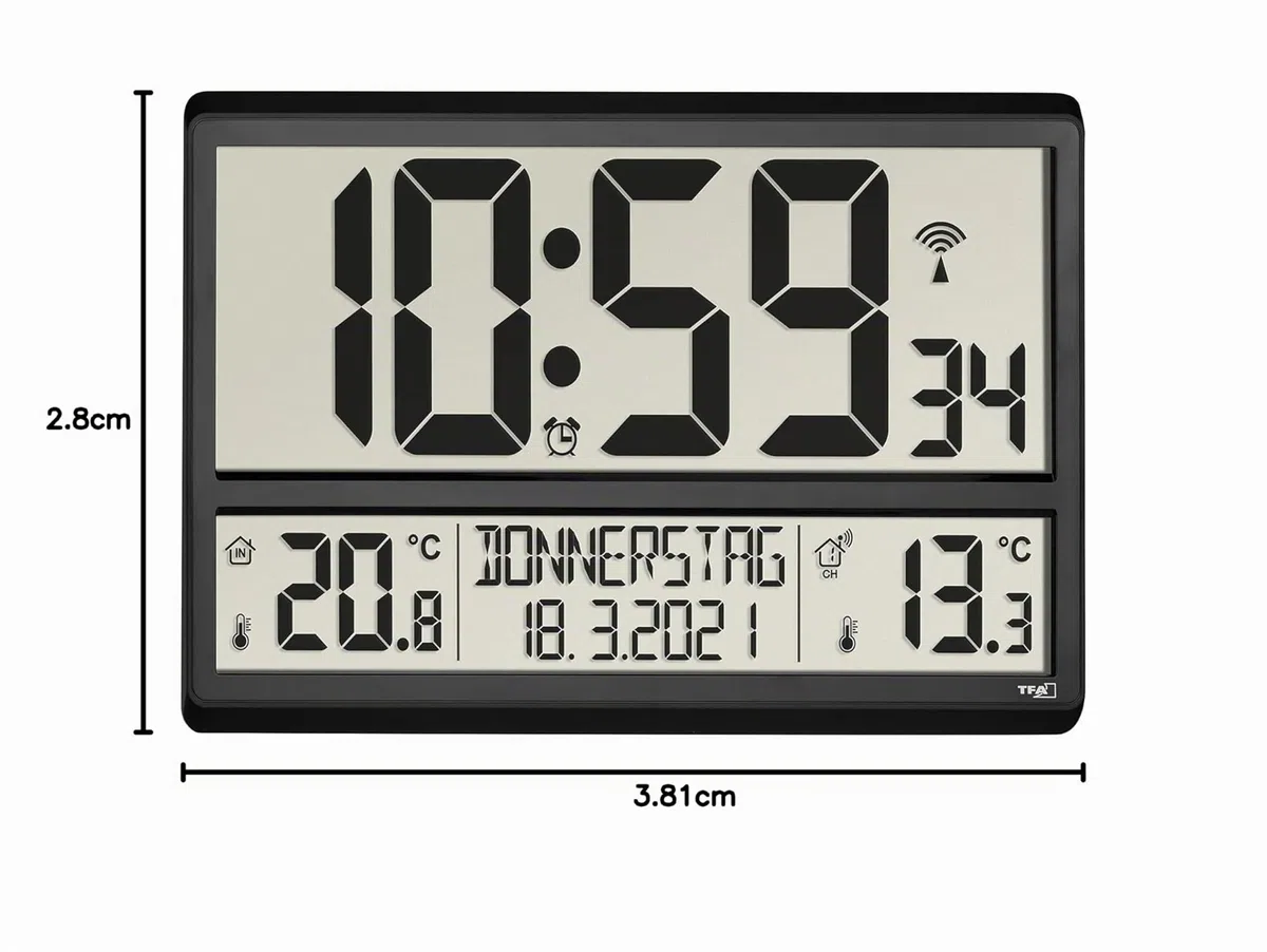 TFA Dostmann Orologio Radiocontrollato da Parete, Digitale XL, 60.4521.01, Temperatura Esterna e Interna, con sensore esterno, Giorni Settimana, 8 Lingue, Grande, Nero 360 x 235 x 28, 84