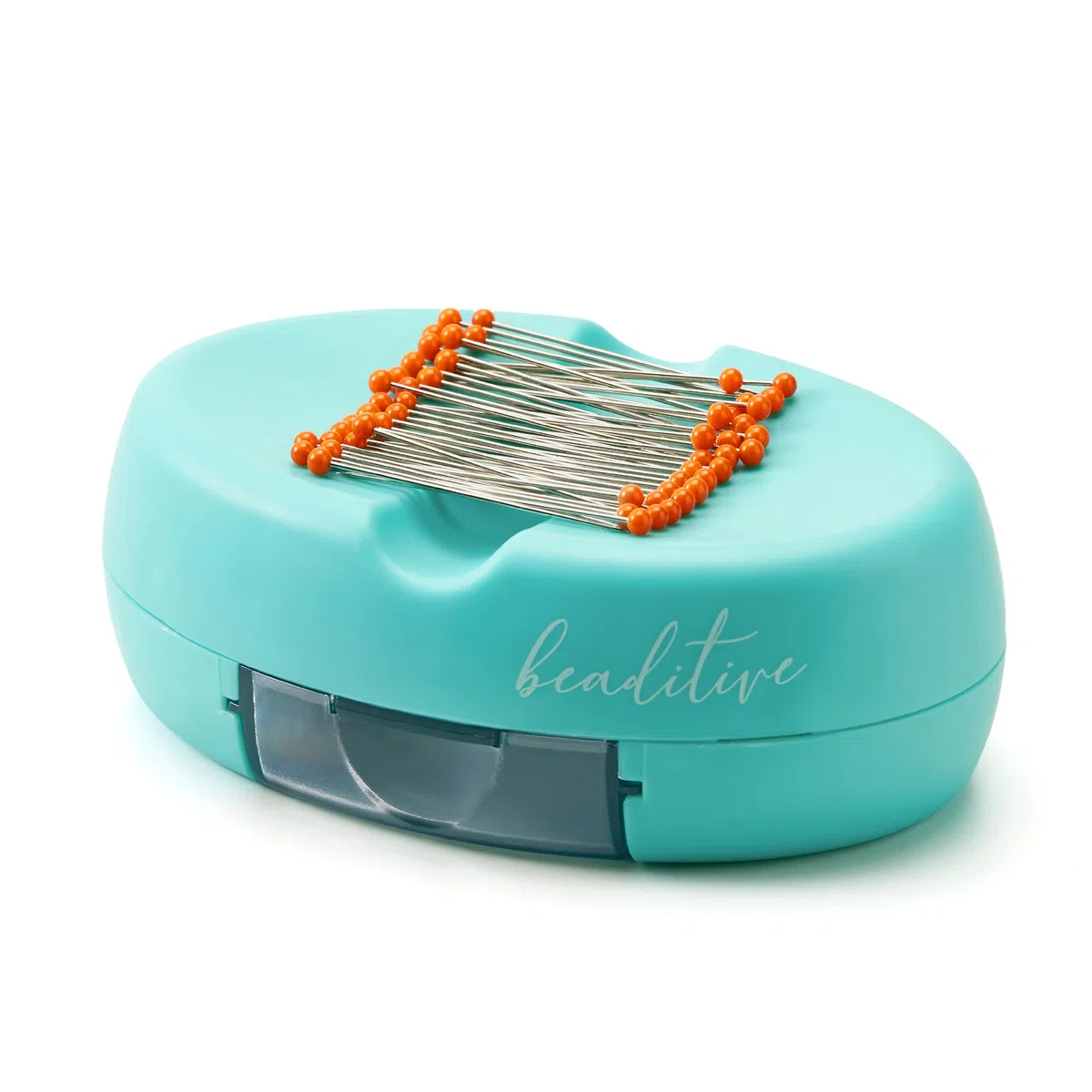 Beaditive Puntaspilli magnetico con cassetto, forte supporto magnetico per cucito, 50 spilli con testa in vetro inclusi, elegante portapillole per spilli da cucito, graffette (turchese)