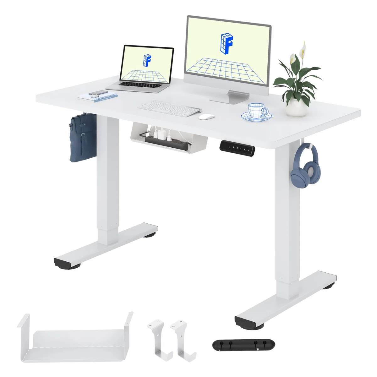 FLEXISPOT Scrivania Regolabile in Altezza Basic – Con Gestione Cavi, Ganci e Piano Monoblocco, Scrivania Ergonomica per Home Office (120x60 cm, Bianco)