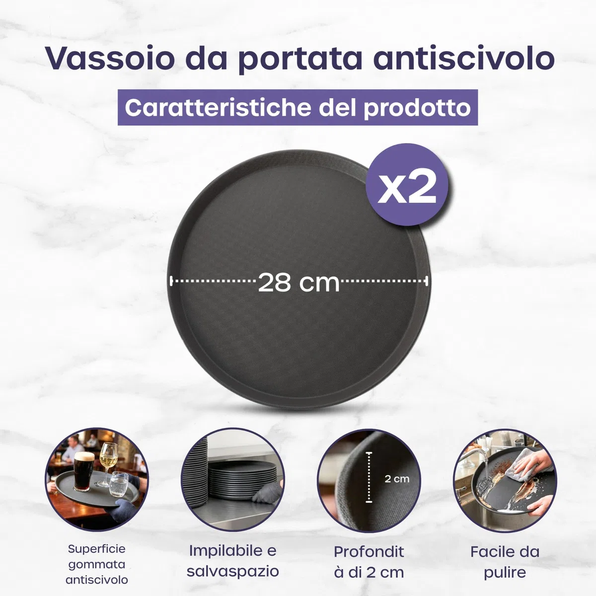 Vassoio da portata rotondo, antiscivolo, per tavolo, bevande, cucina, casa, bar e ristoranti (28 cm, 2 pezzi)