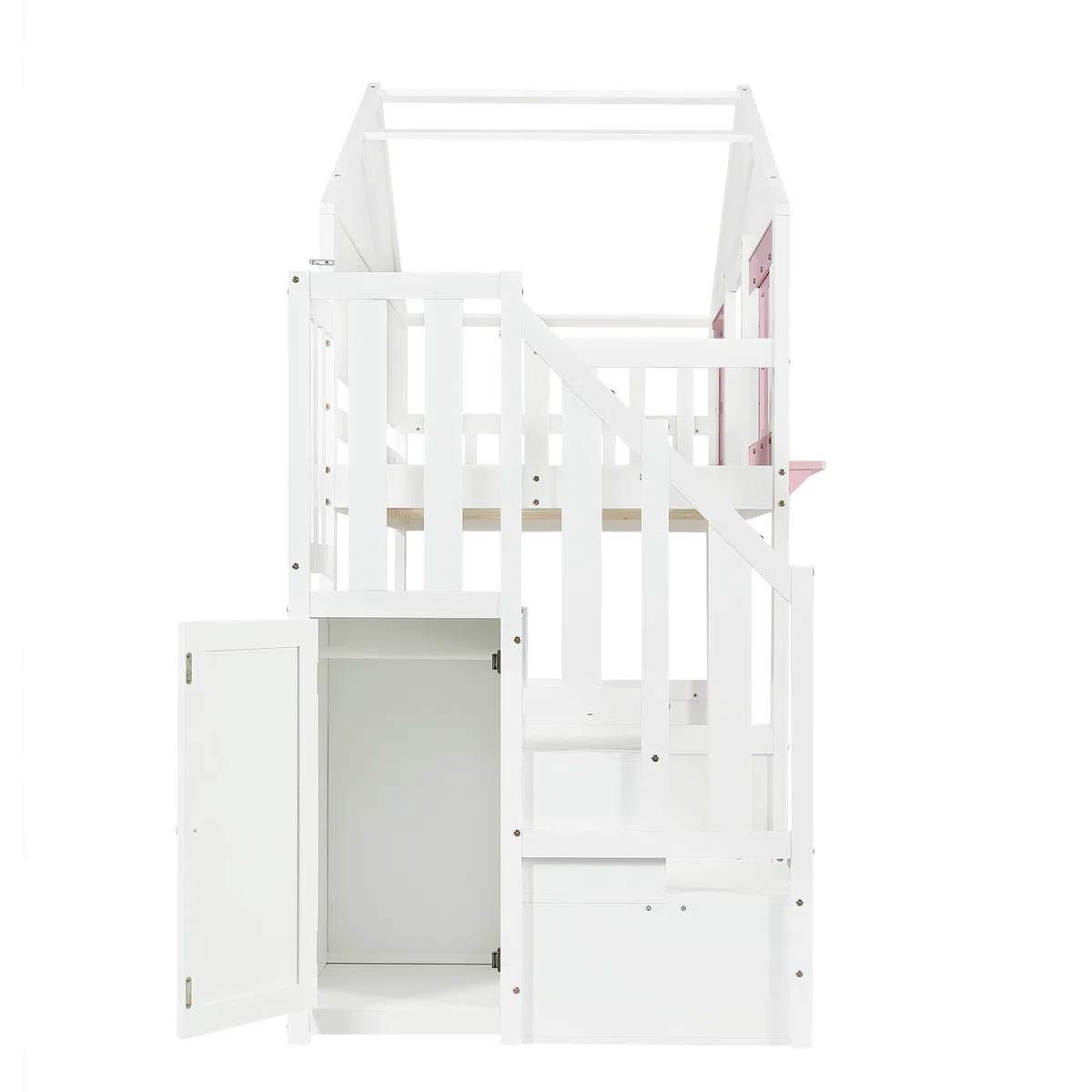 Letto a castello 90 x 200 cm, letto in legno con finestra e tetto, letto per ragazzi con letto pieghevole (senza materasso) bianco+rosa