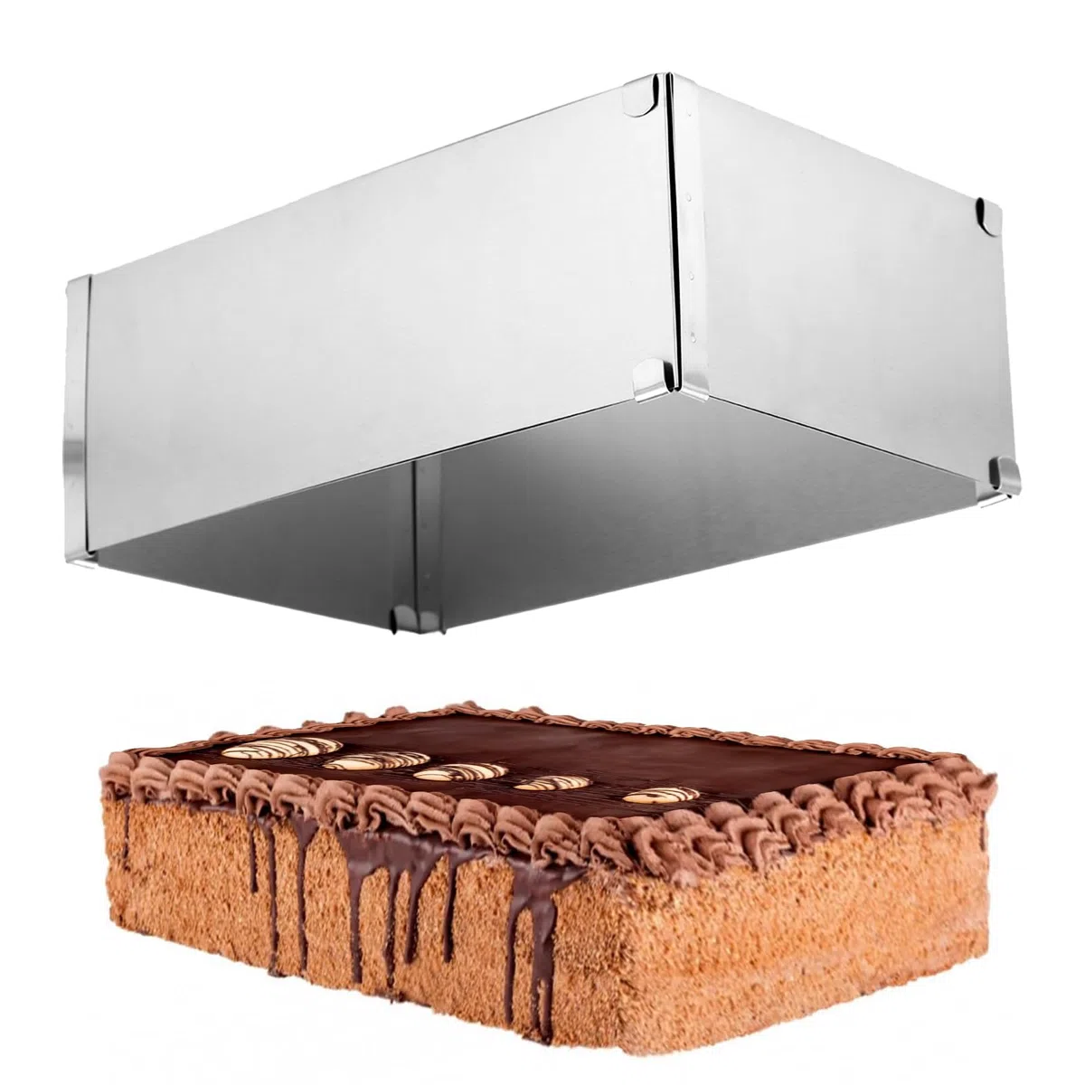 KITDAHOM Stampo Rettangolare Torta Regolabile con Divisore - 10 cm Altezza Anello per Torte Rettangolare, 28x18 a 52x32 cm, Acciaio Inox, Adatto alla Lavastoviglie, per Cottura e Torte