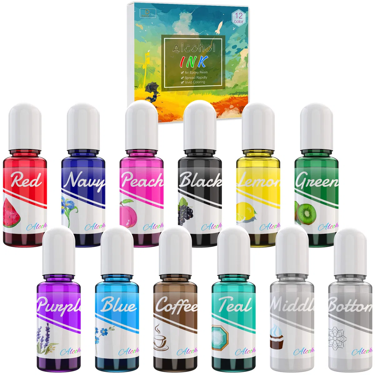 Alcohol Ink Set - 12 Colori Inchiostro Alcool per Pittura Resina Epossidica, Arte Resin, Fabbricazione Capsule Petri di Resina - Colorante Alcolico Concentrata per Bicchieri, Pittura - 12 x 10ml