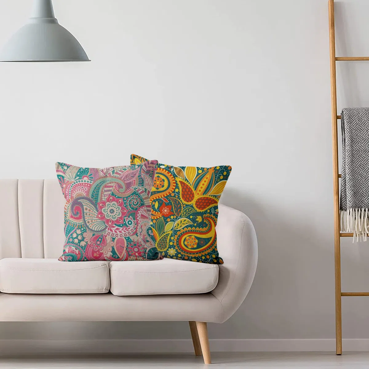Lot de 4 housses de coussin bohème 40x40 cm, boho floral rouge jaune violet décoration de canapé housse de coussin lavable en polyester d'ameublement housse de coussin
