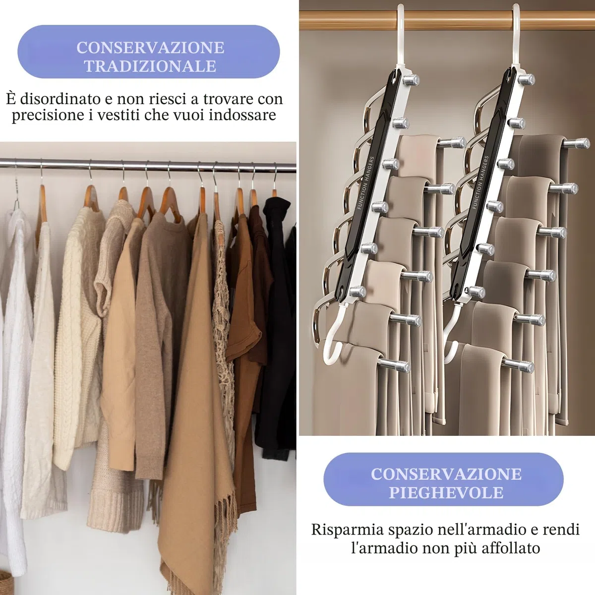 MOYKSRR 6 in 1 Grucce Pantaloni, 2 Pezzo Acciaio Inossidabile Grucce Pantaloni, Appendini Salvaspazio Armadio, Appendini Portatili Multifunzionali Adatto per Pantaloni, Jeans, Sciarpe, Gonne