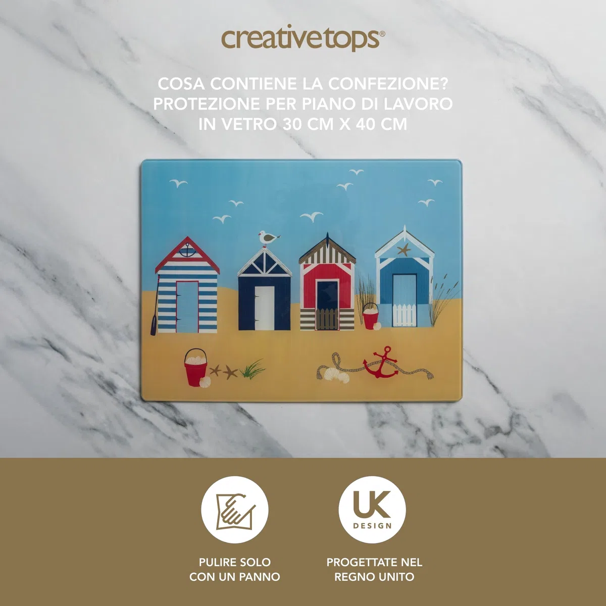 Creative Tops Coastal Glass Work Surface Protector, tagliere multifunzionale in vetro temperato, tagliere con design marittimo, 40 x 30 cm