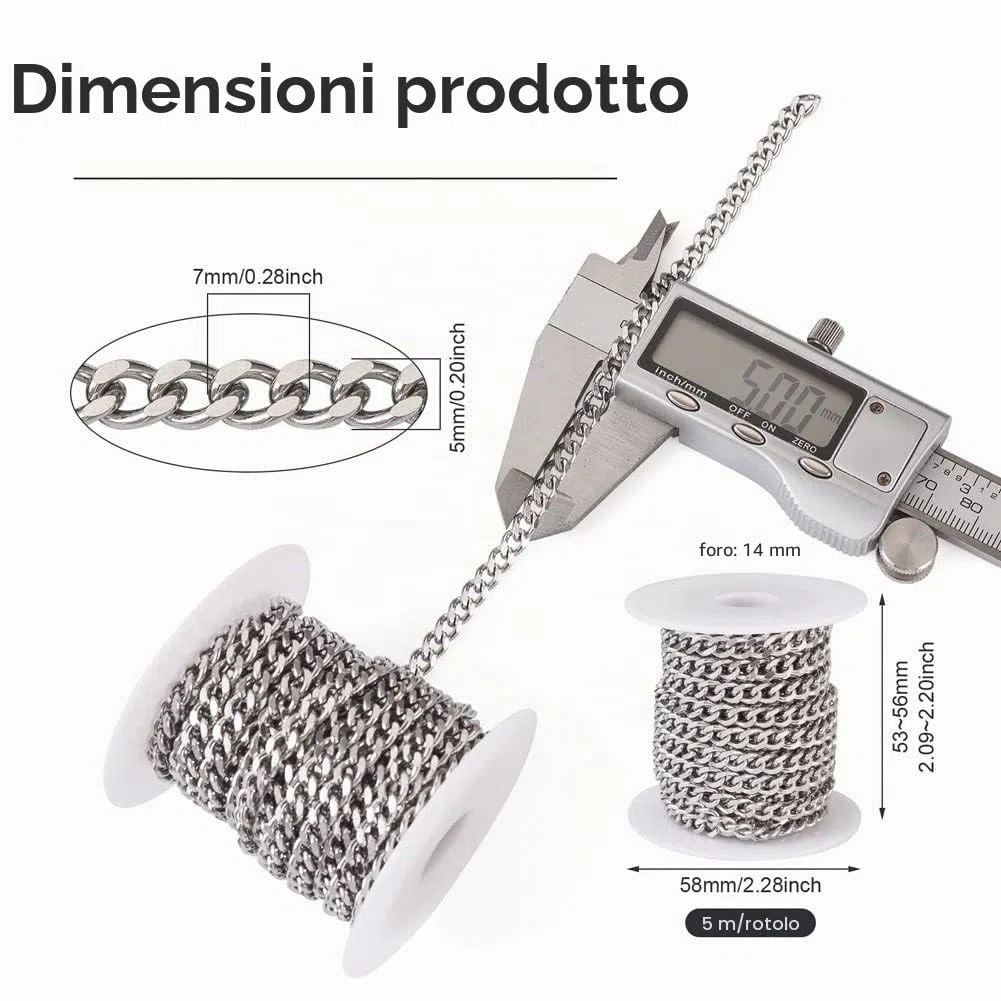 Catene a maglie cubane in acciaio inox 304, 5 m, con bobina, in argento non saldato