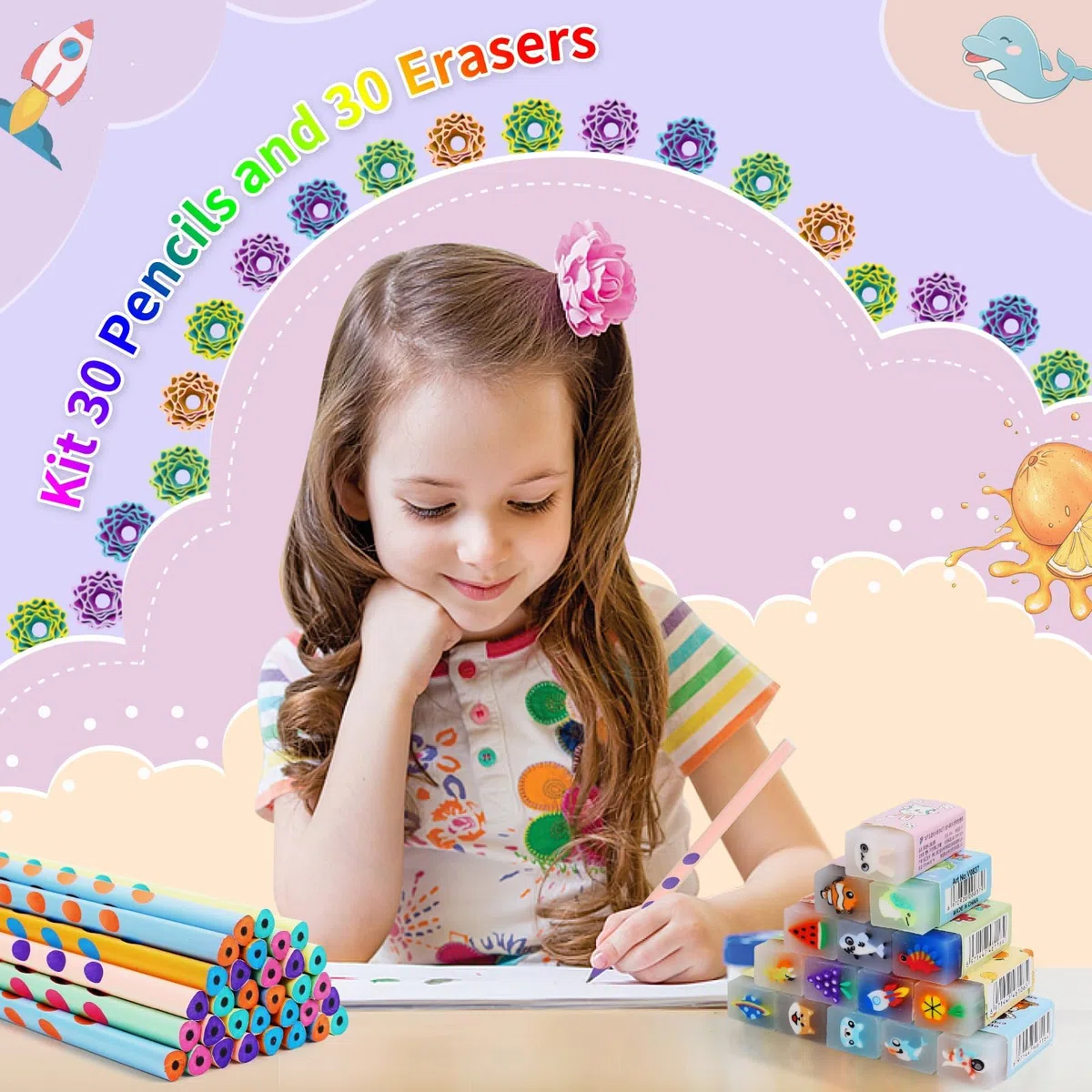Gudotra 60 pezzi Gadget Compleanno Bambini 30 Matite Bambini con 30 Gomme Cancellare Regalini Fine Festa Compleanno Matite Divertente