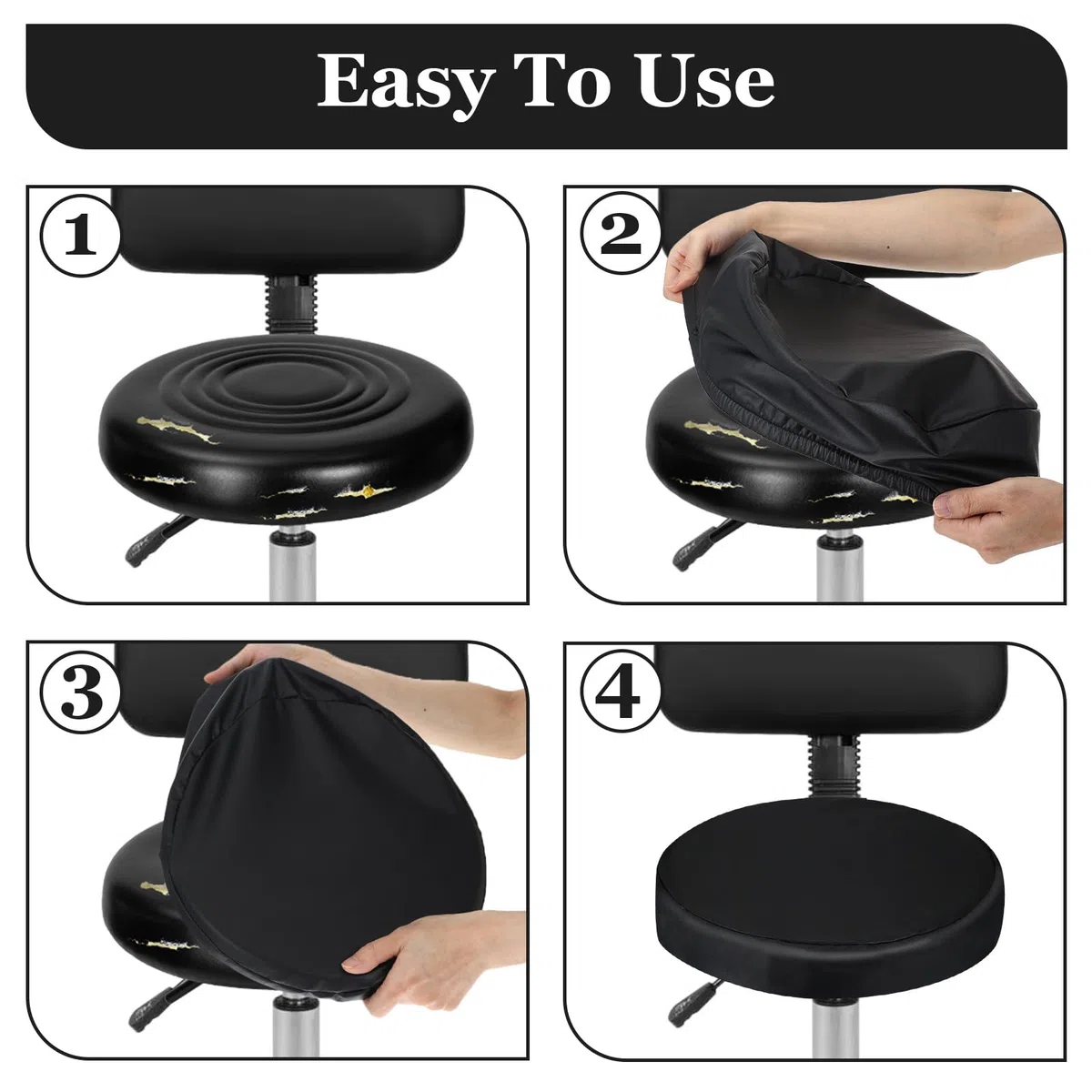 Confezione da 2 coperture rotonde per sgabello da bar, 34 cm, in ecopelle, impermeabili, per bar, cucina, sala da pranzo, sedia da casa e ufficio (nero)