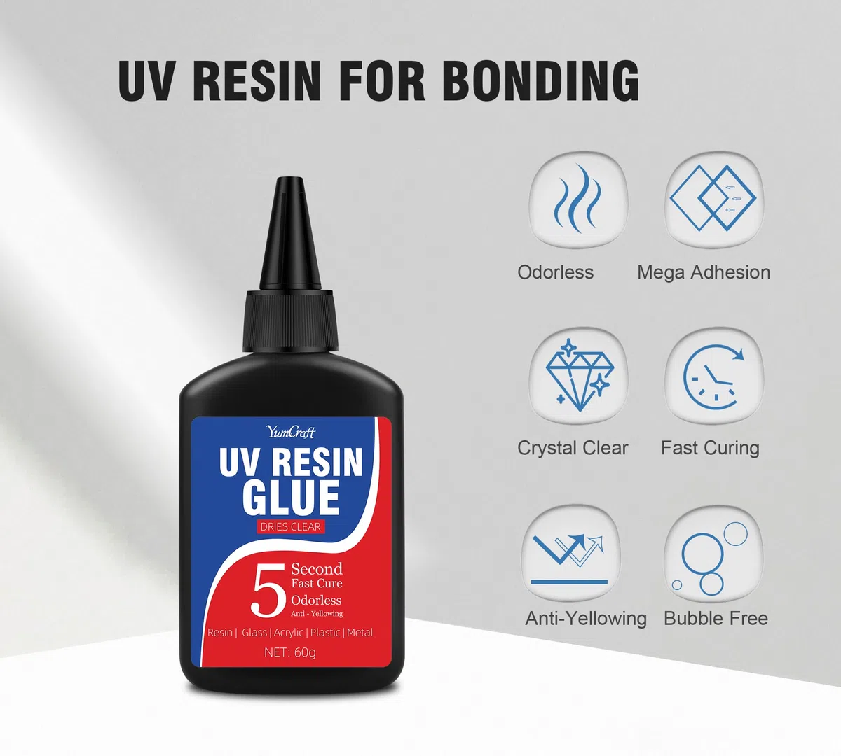 60g Resina UV con Lampada UV, Colla UV con Luce Ricaricabile, 5 Secondi Adesivi di Colla UV a Cura Rapida, Kit di Riparazione Trasparente per Saldatura in Resina, Legame di Gioielli, Plastica, Vetro