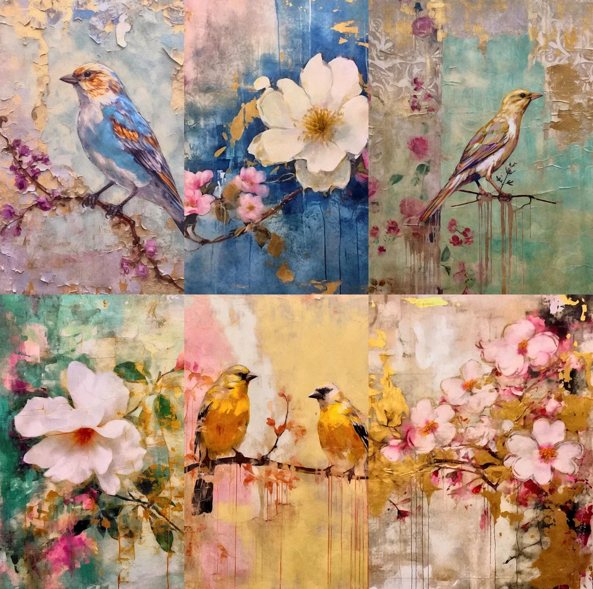 Distresses Birds - Carta di riso di gelso, 20,32 x 26,67 cm, 6 immagini uniche stampate in carta di gelso da 30 g/m², fibre visibili, per decoupage, artigianato, tecnica mista, collage artistico