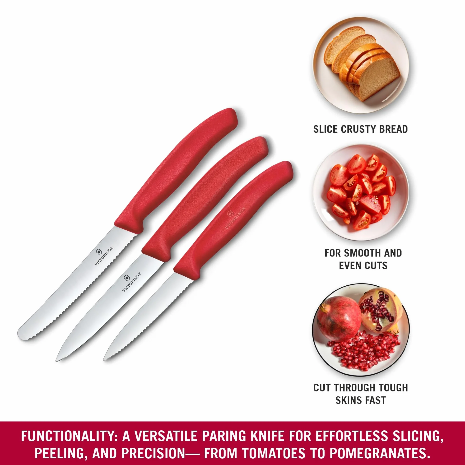 Set di coltelli da cucina Victorinox Swiss Classic, 3 pezzi, Coltello per verdure, pomodori e colazione, Manico in plastica robusta, Acciaio inossidabile, Rosso